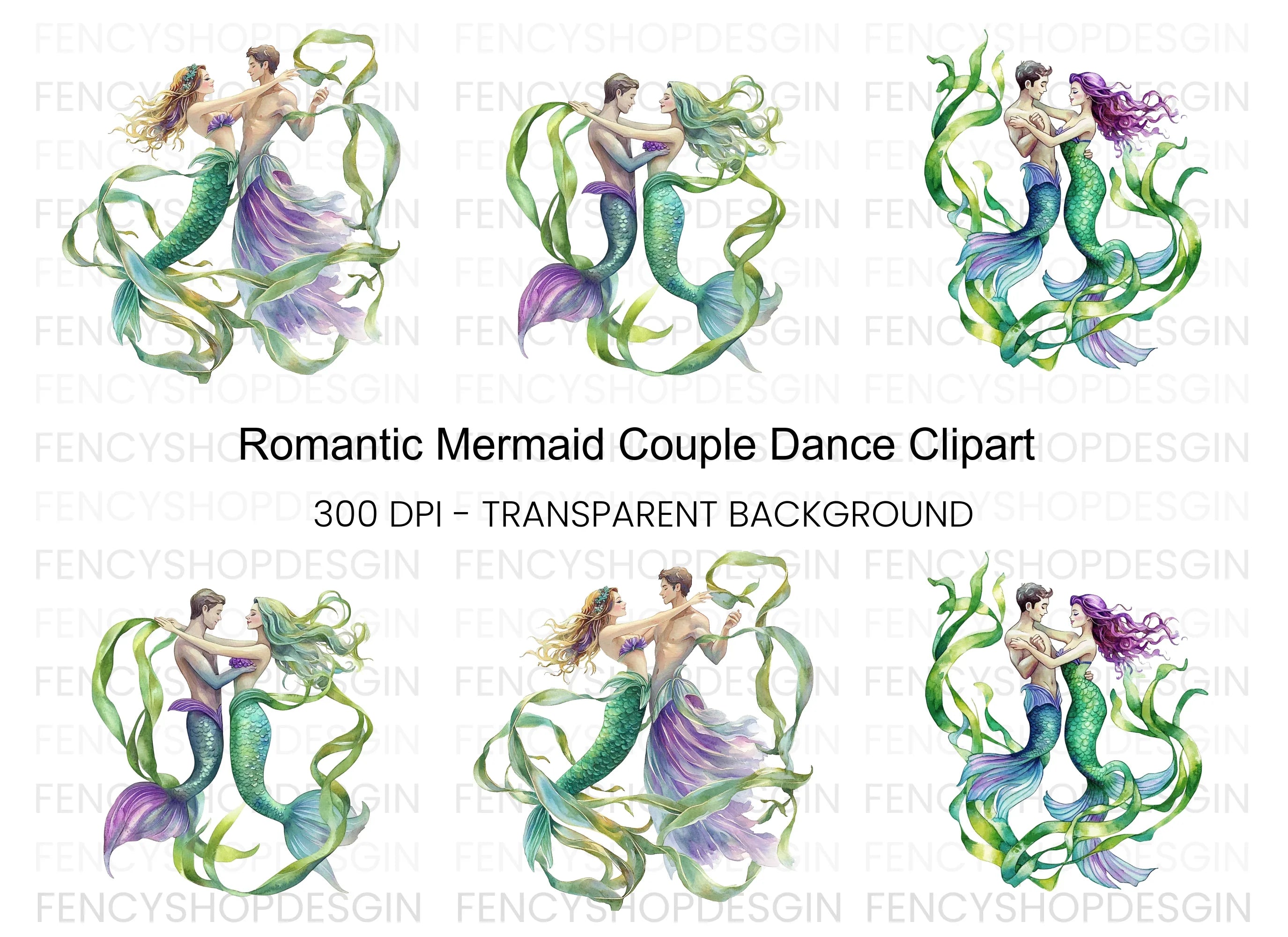 Romantic Mermaid and Merman Clipart Bundle