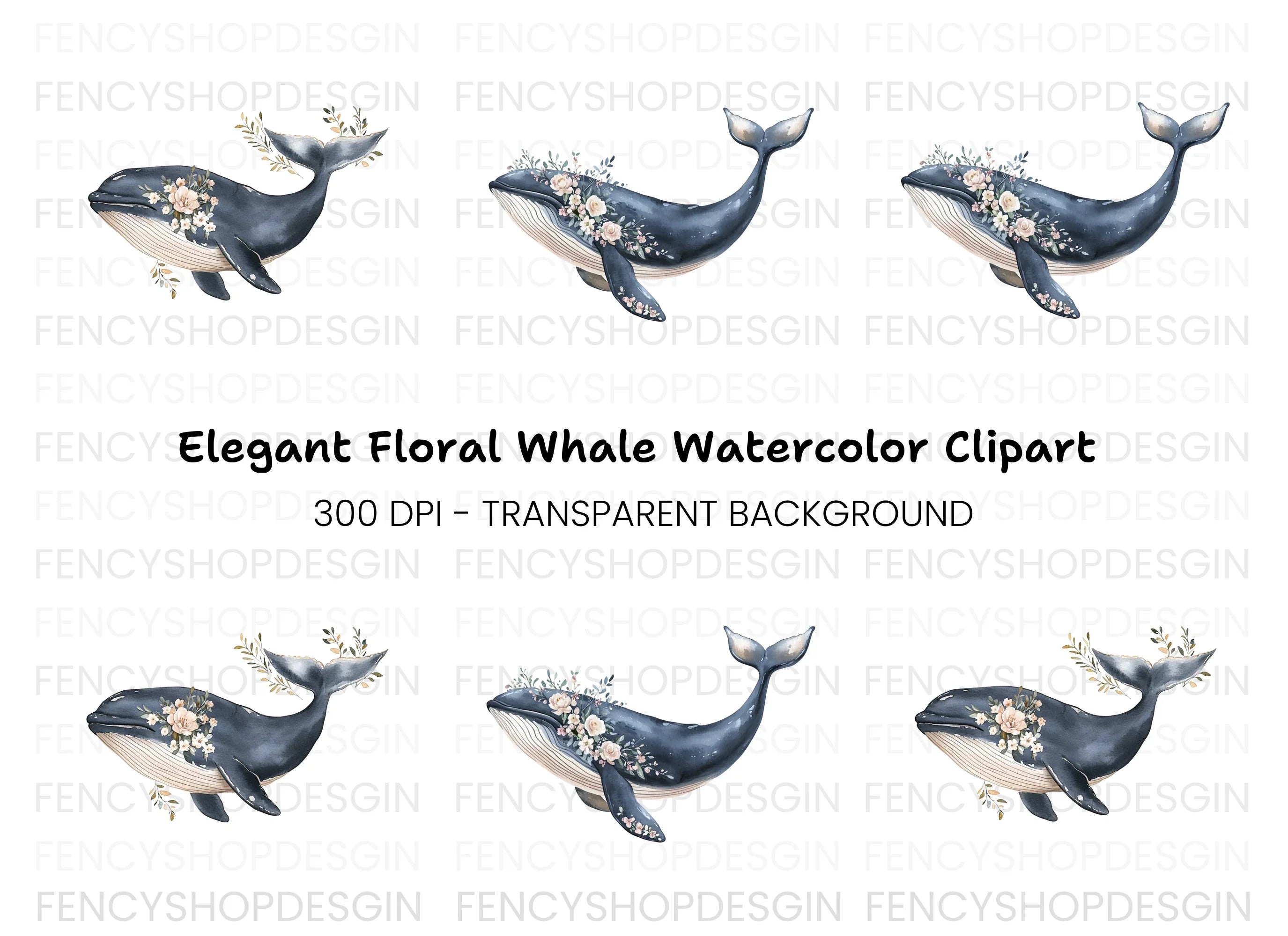 Elegant Floral Whale Clipart Bundle