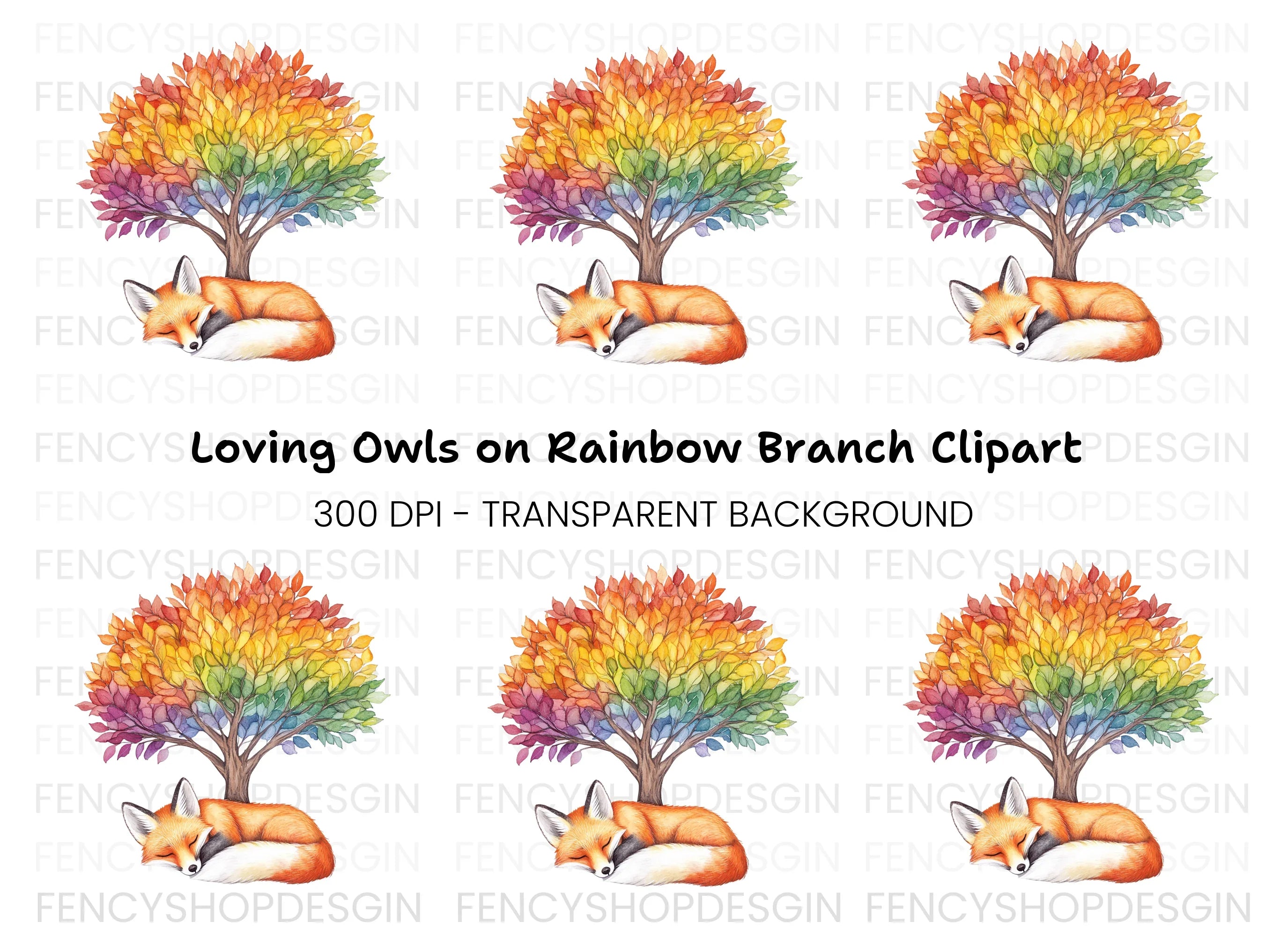 Sleeping Fox Under Rainbow Tree Clipart Bundle