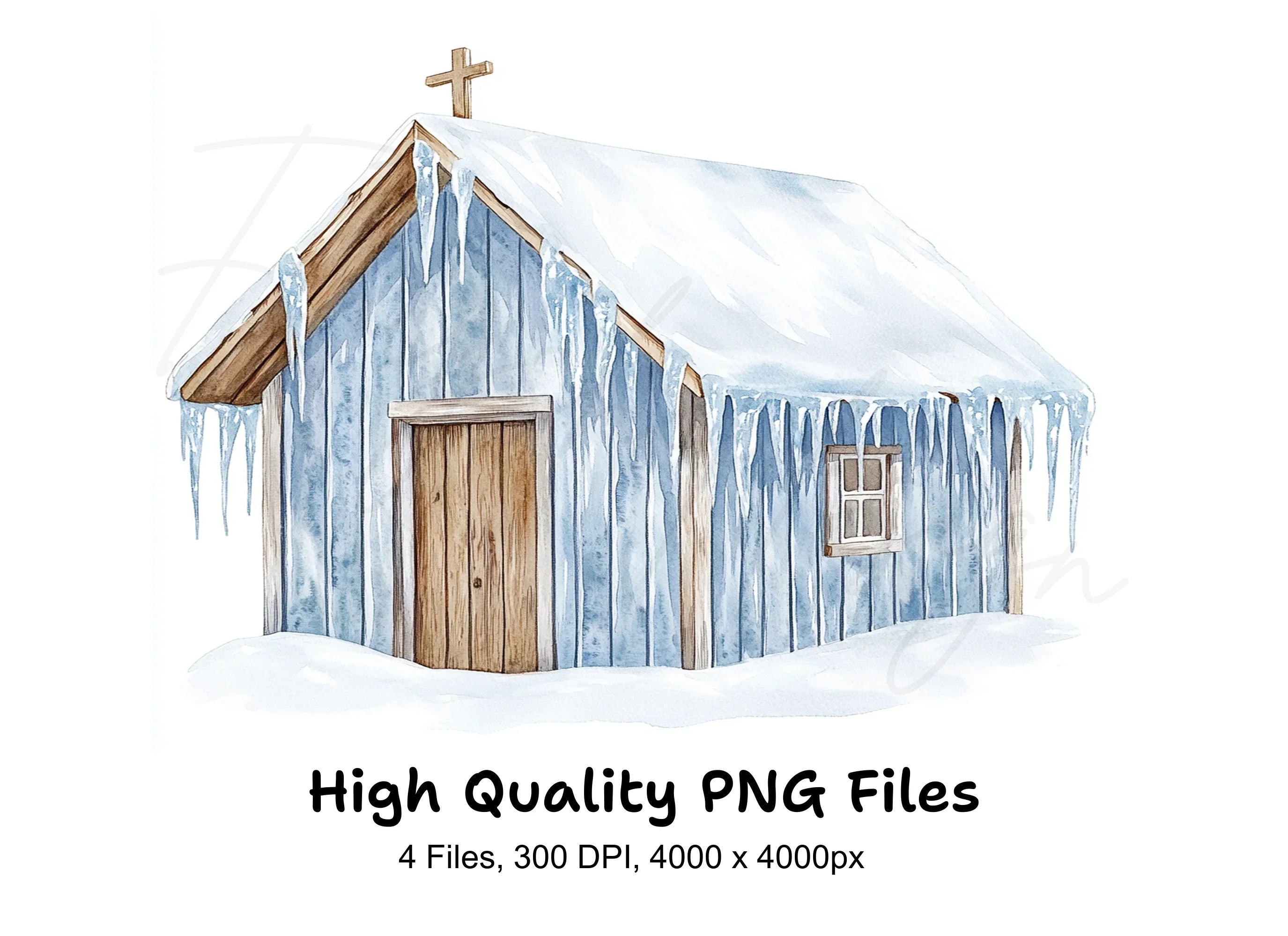 Snowy Rustic Cabins and Churches Clipart Bundle