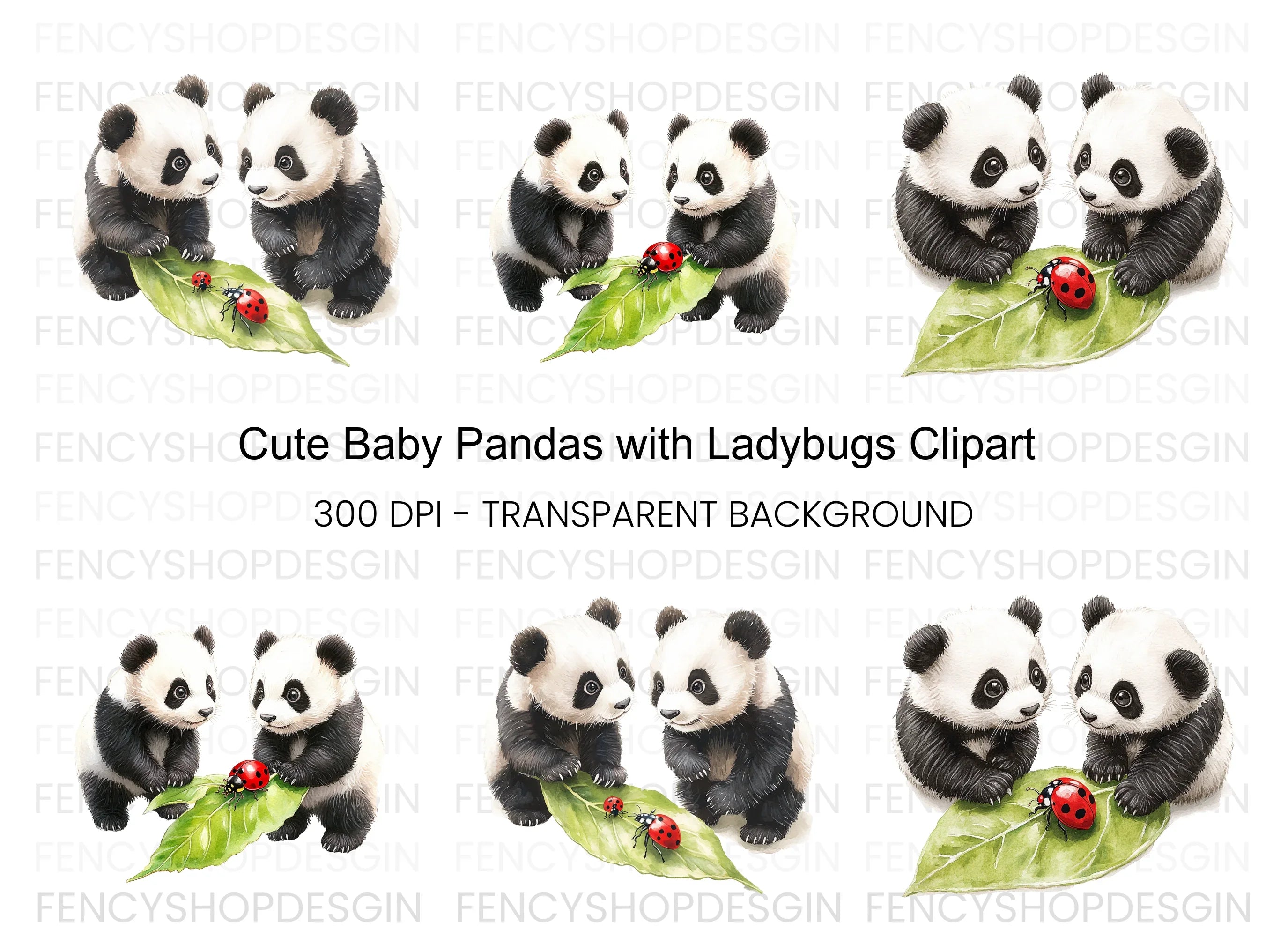 Cute Panda and Ladybugs Clipart Bundle
