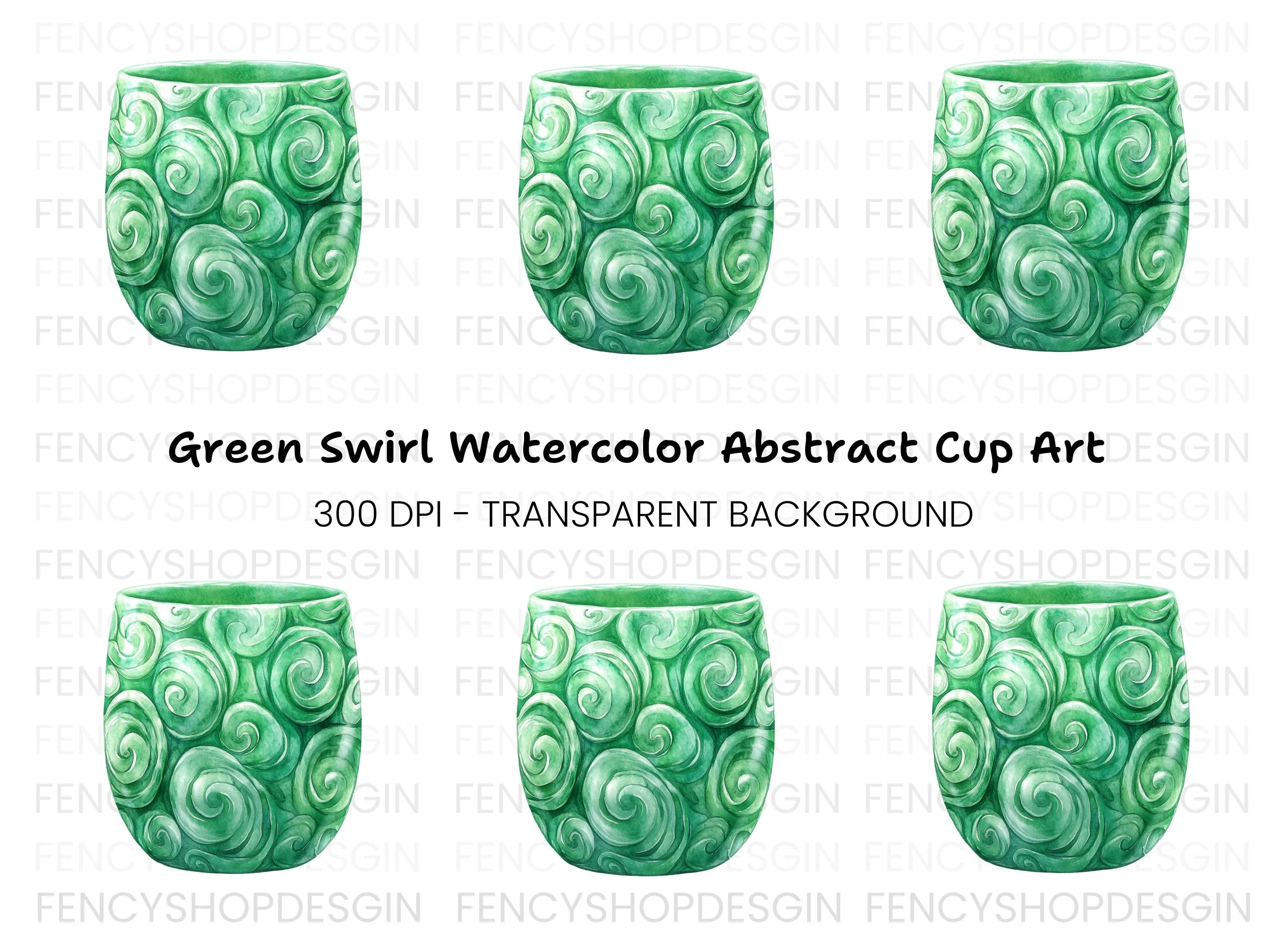 Green Swirl Patterned Jade Cup Clipart Bundle