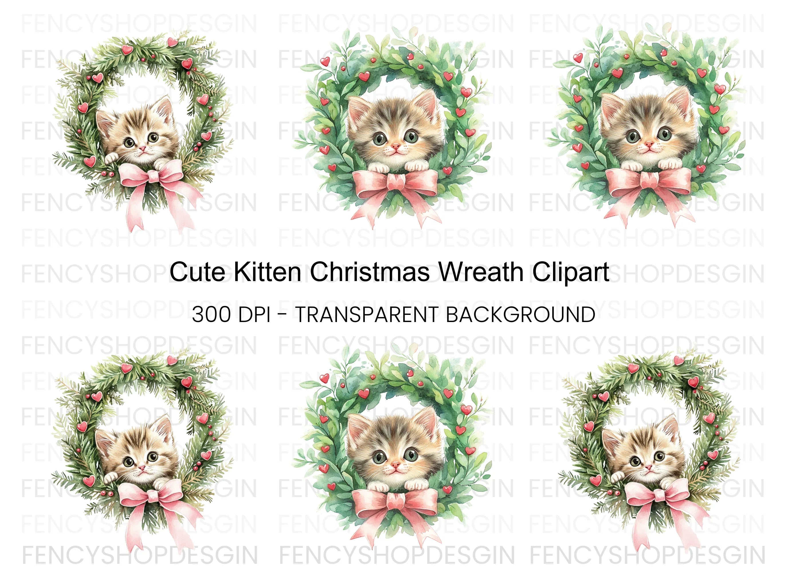 Cute Kitten Christmas Wreath Clipart Bundle