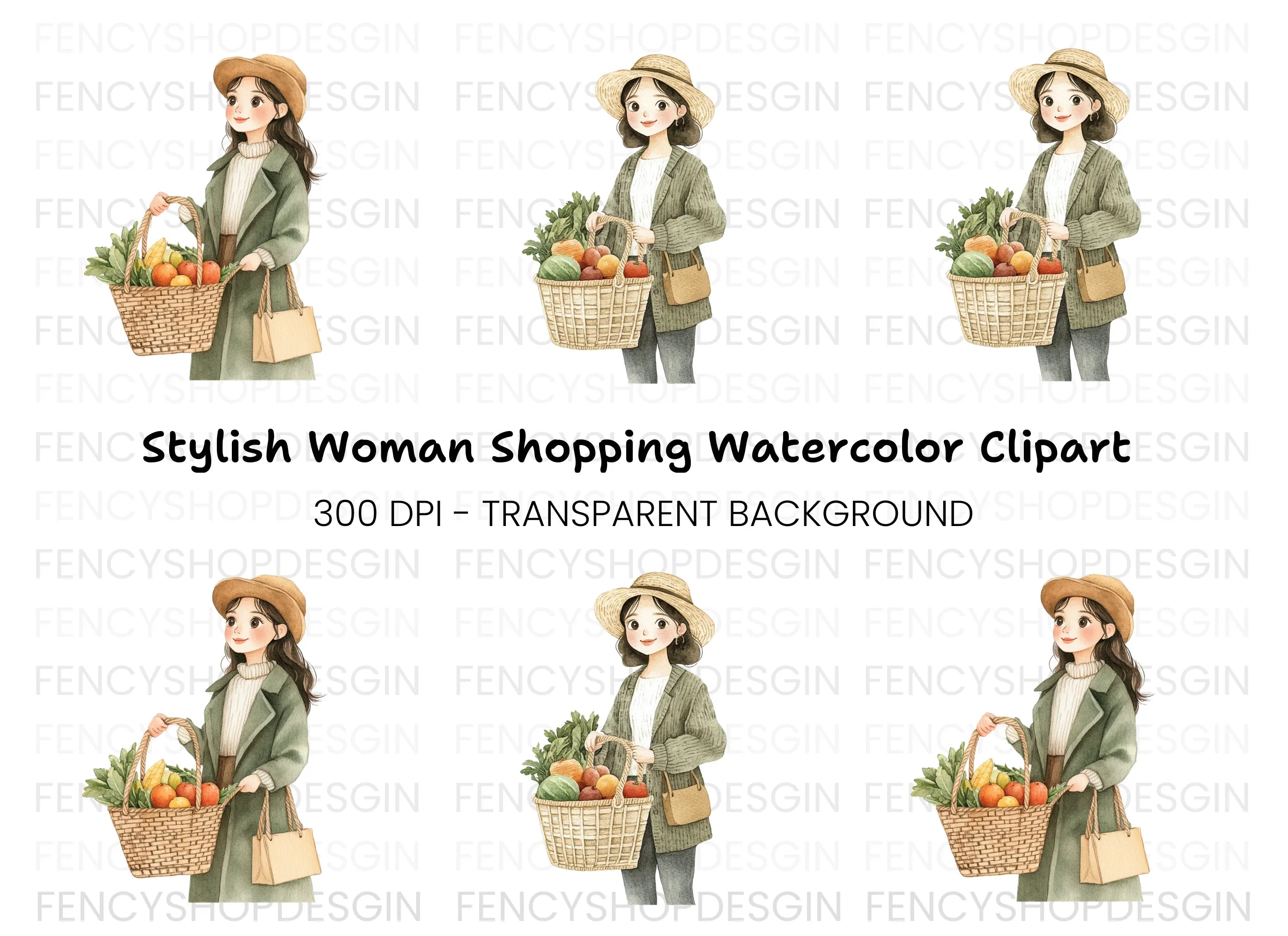 Girls with Baskets of Fresh Produce Clipart Bundle