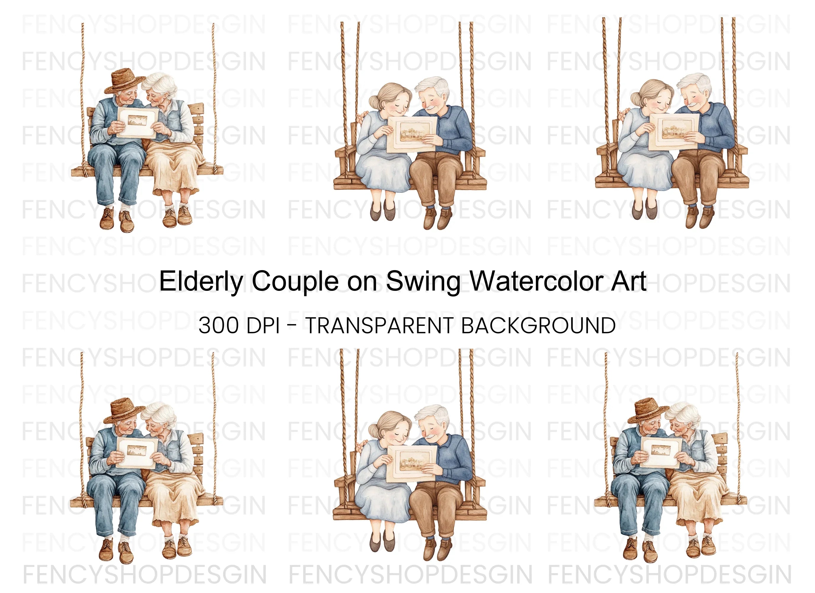 Elderly Couple on Swing Clipart Bundle