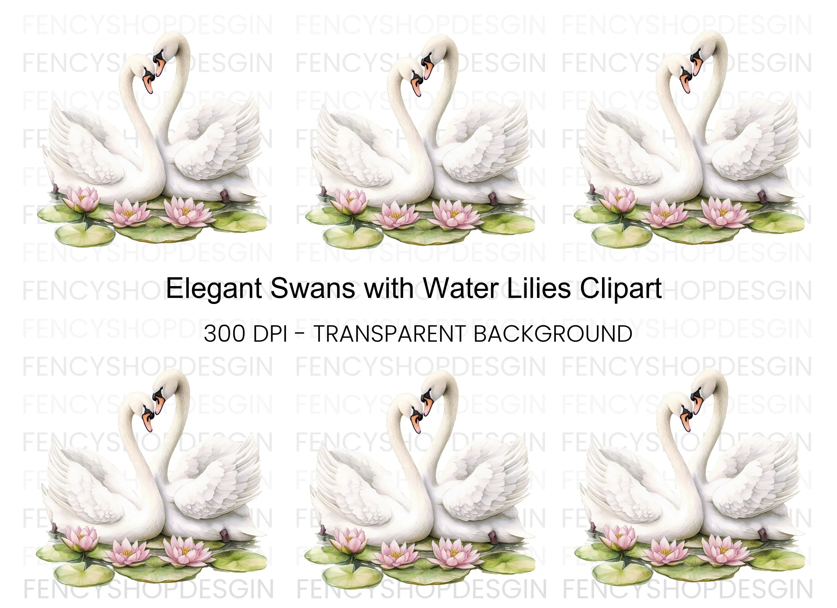 Romantic Swans with Water Lilies Clipart Bundle