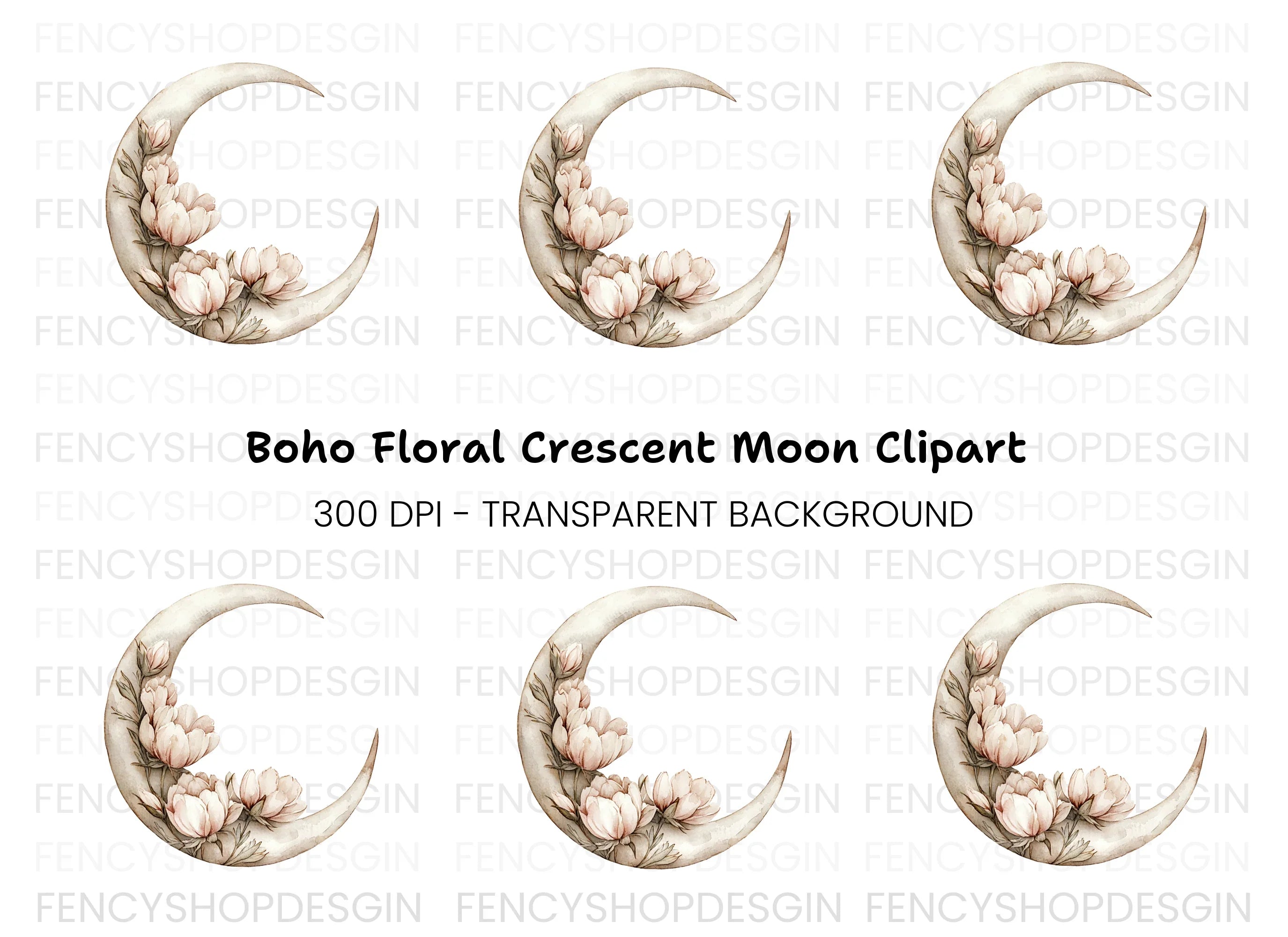Floral Crescent Moon Clipart Bundle