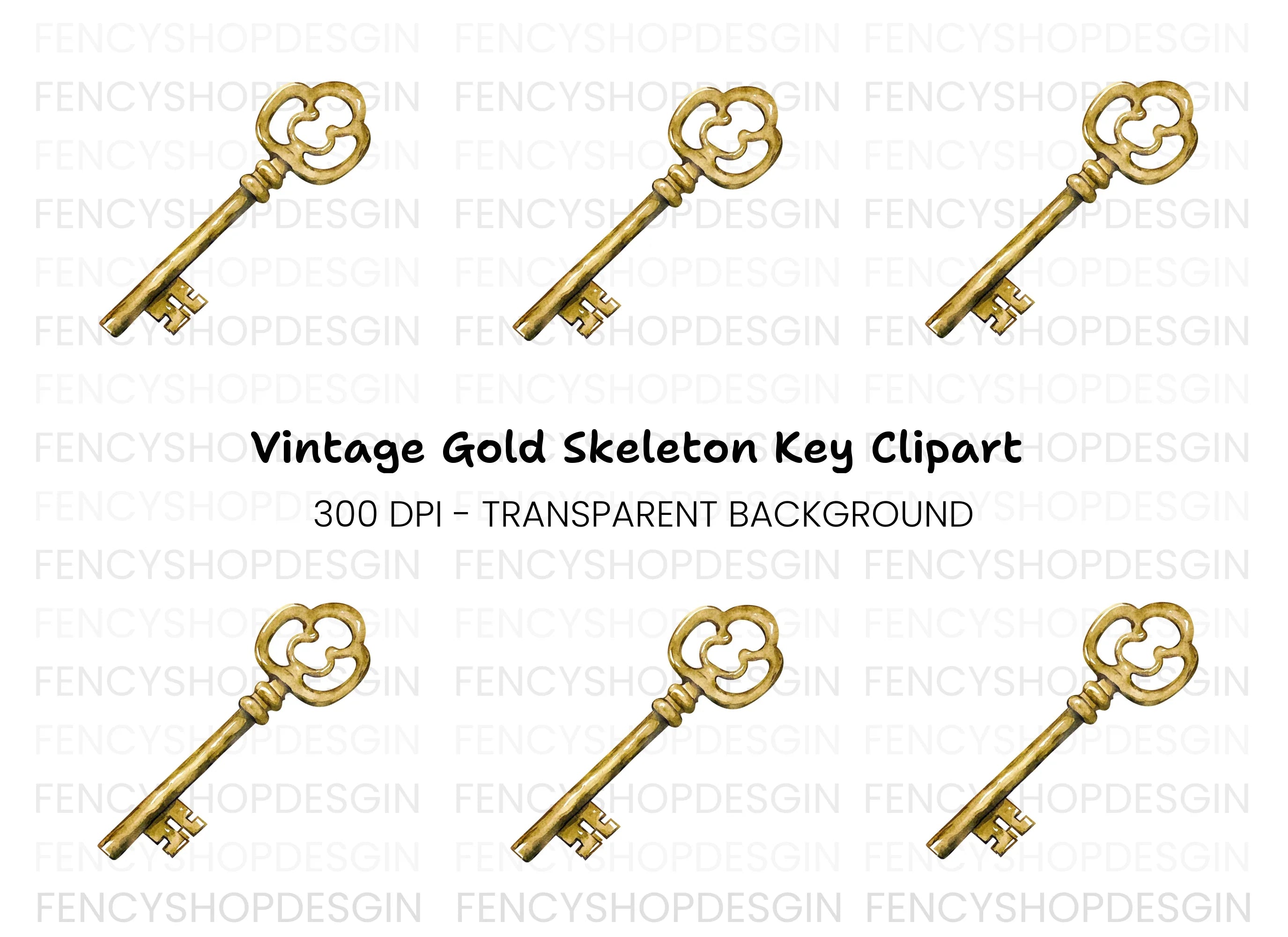Vintage Golden Skeleton Key Clipart Bundle