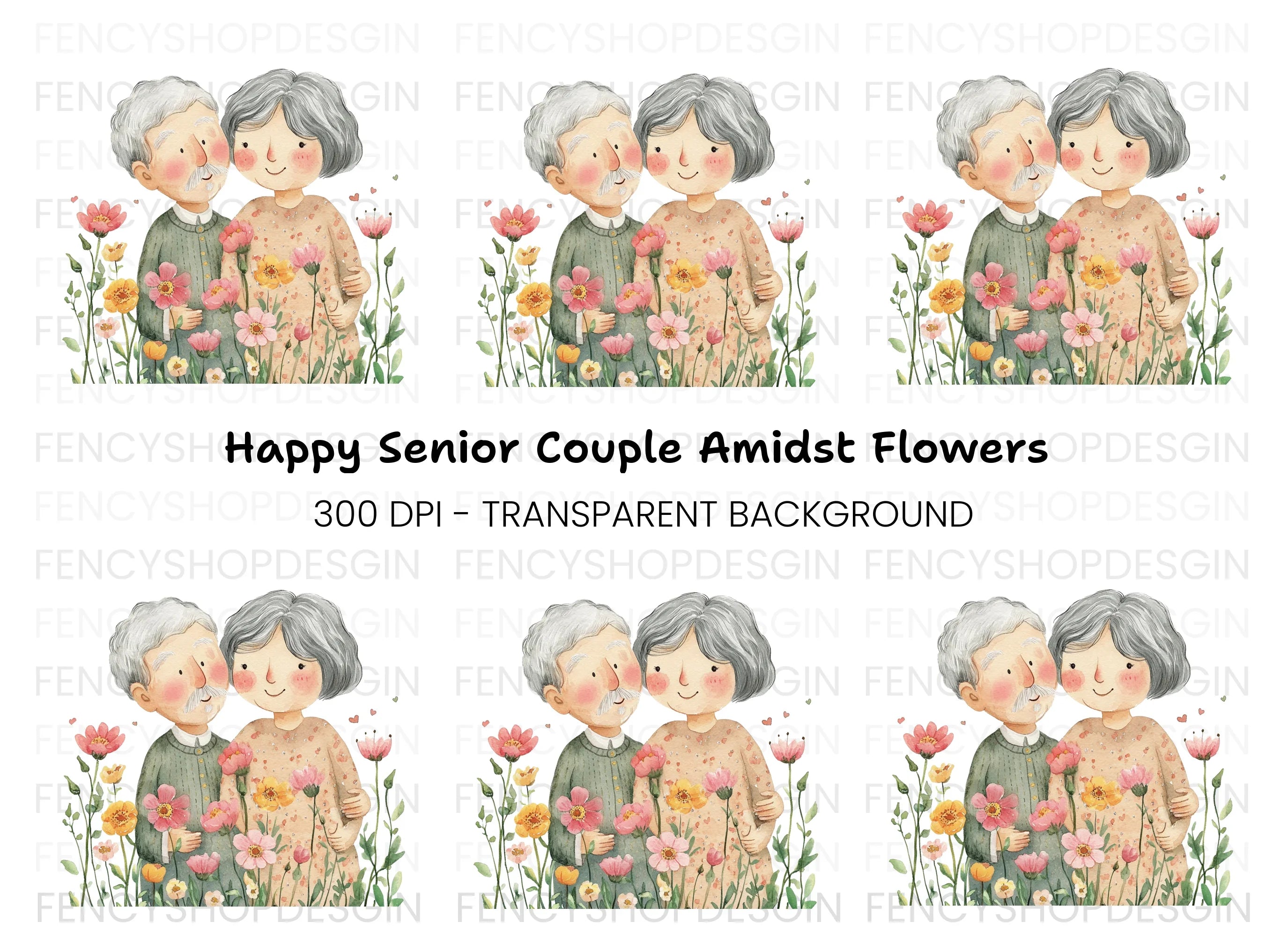 Cute Elderly Couple in Flower Garden Clipart Bundle