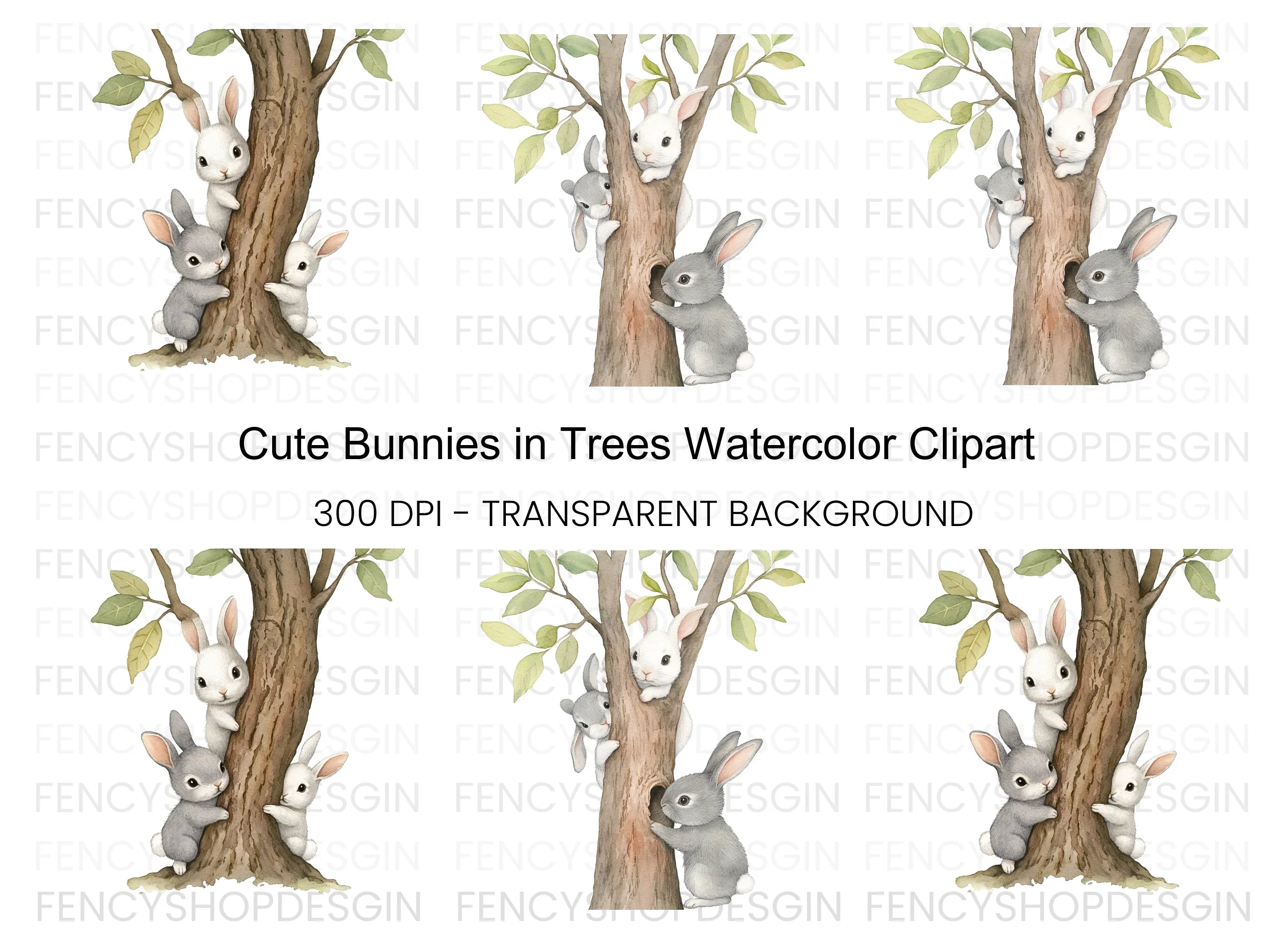 Cute Bunnies Climbing Tree Clipart Bundle