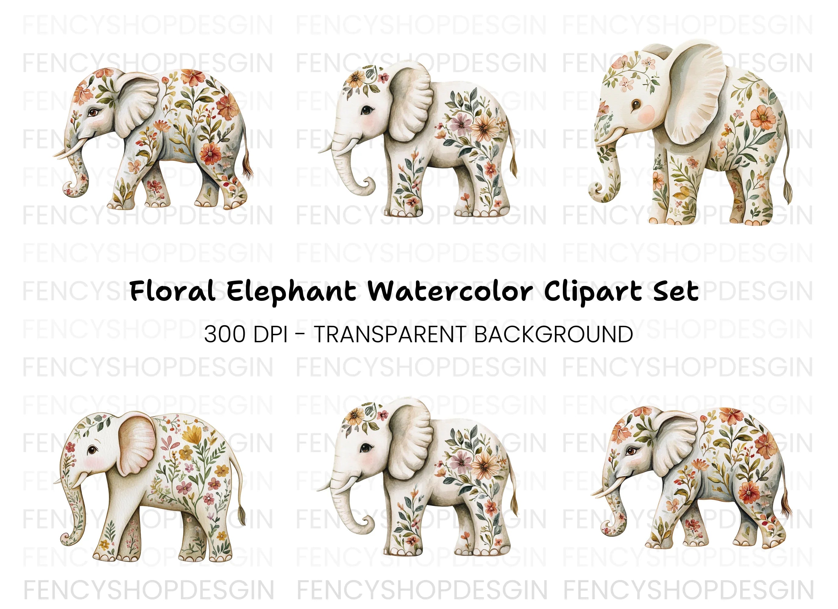 Floral Elephant Clipart Bundle