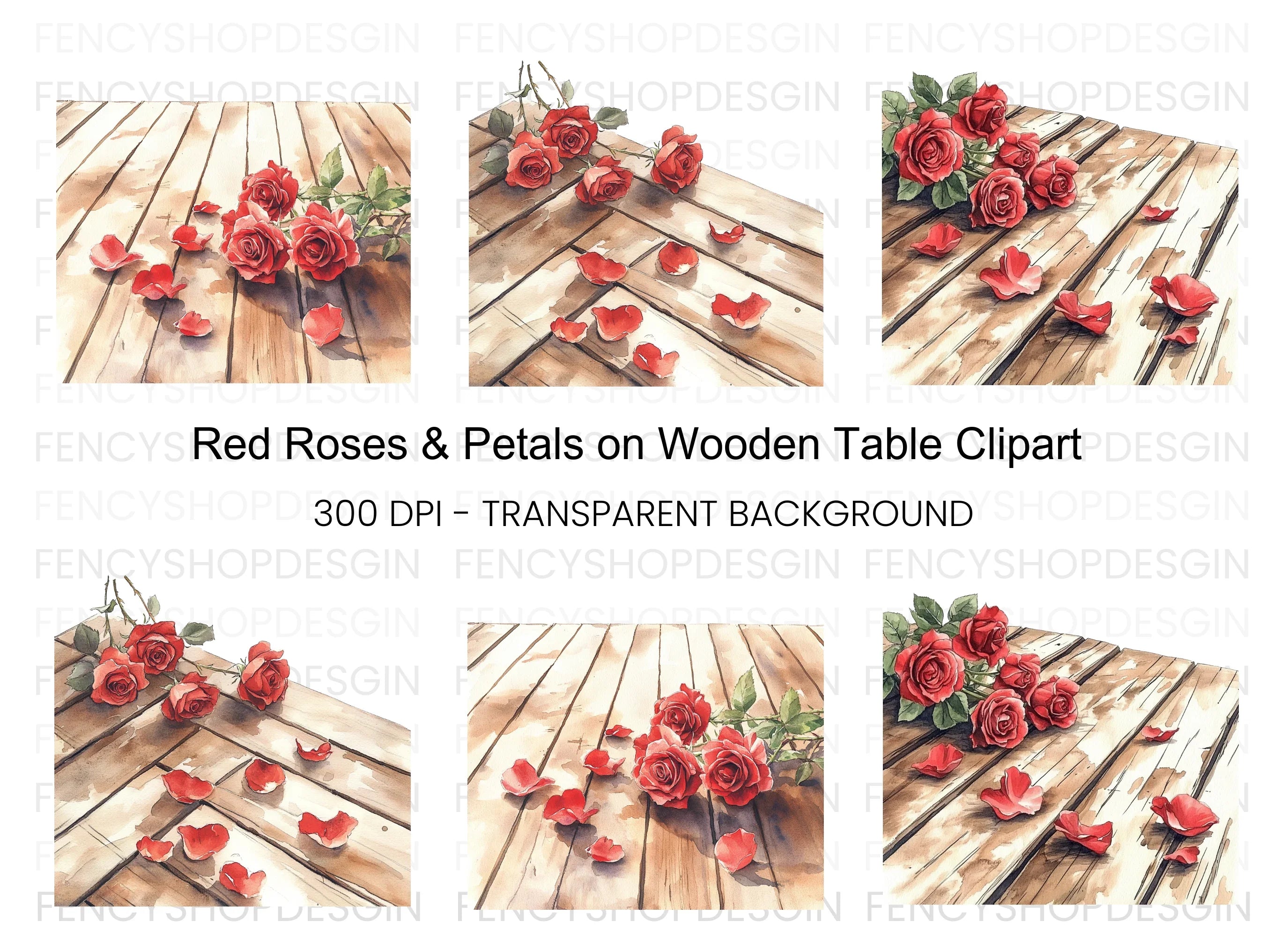 Red Roses and Petals on Wood Clipart Bundle
