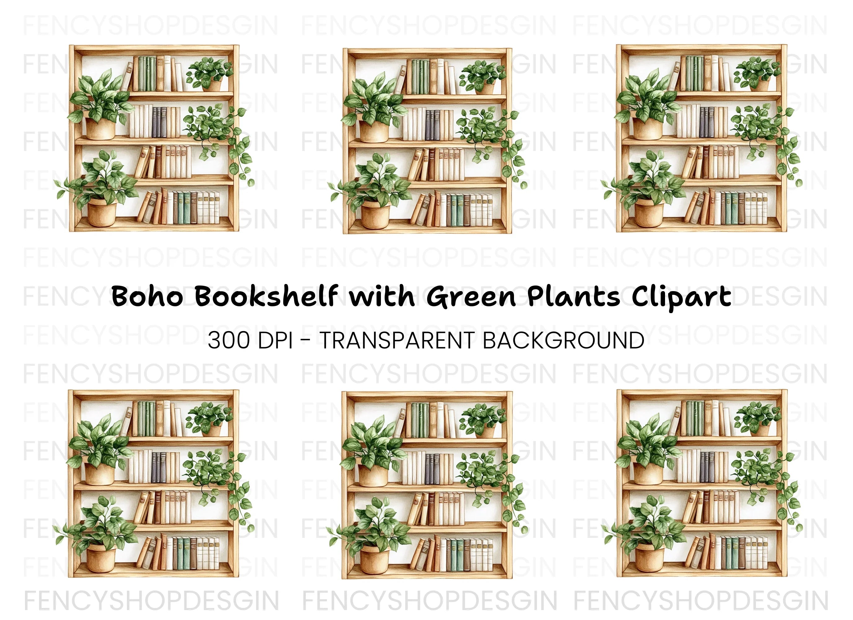Wooden Bookshelf with Plants Clipart Bundle