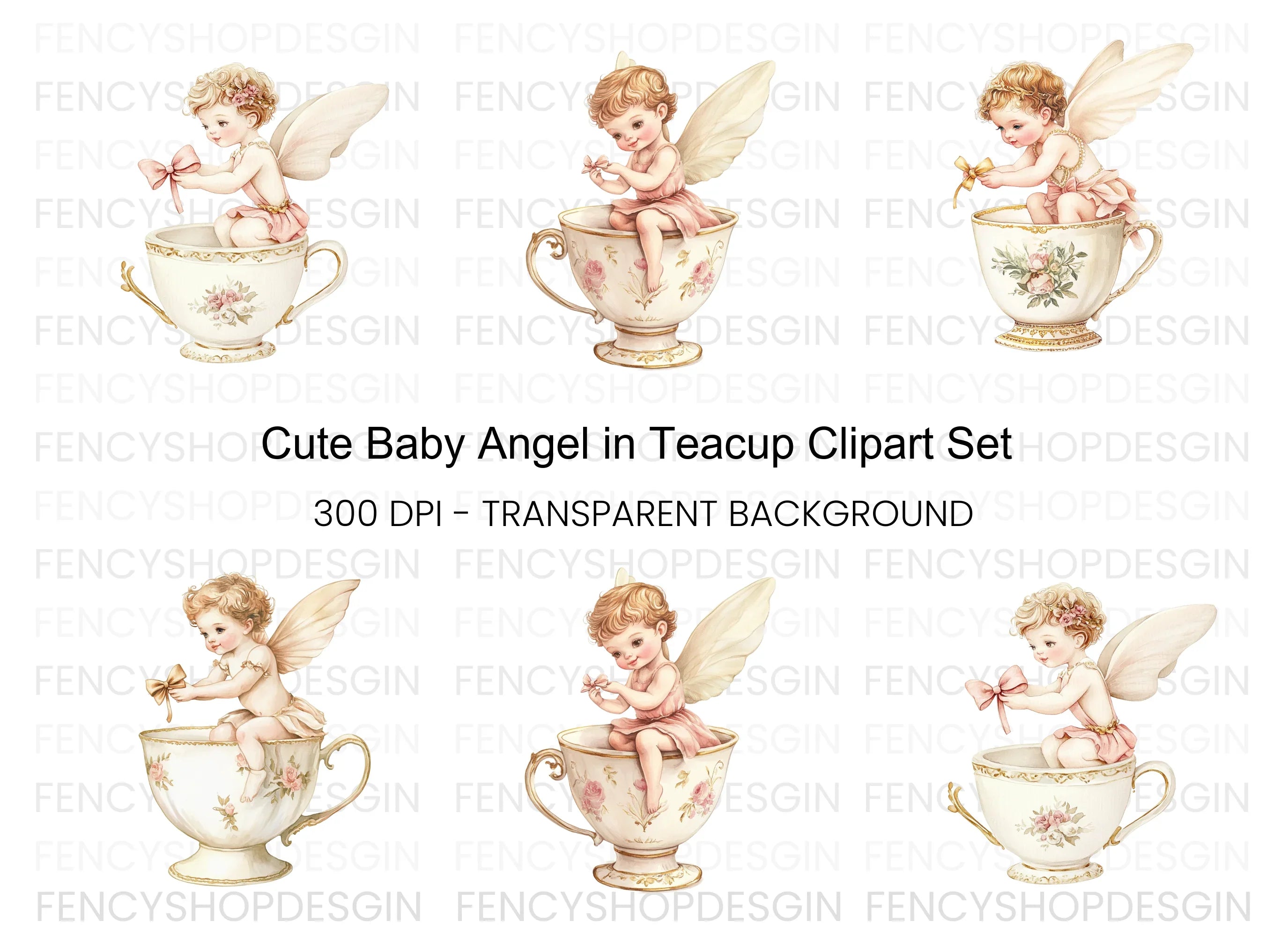 Cute Angel Babies in Teacups Clipart Bundle