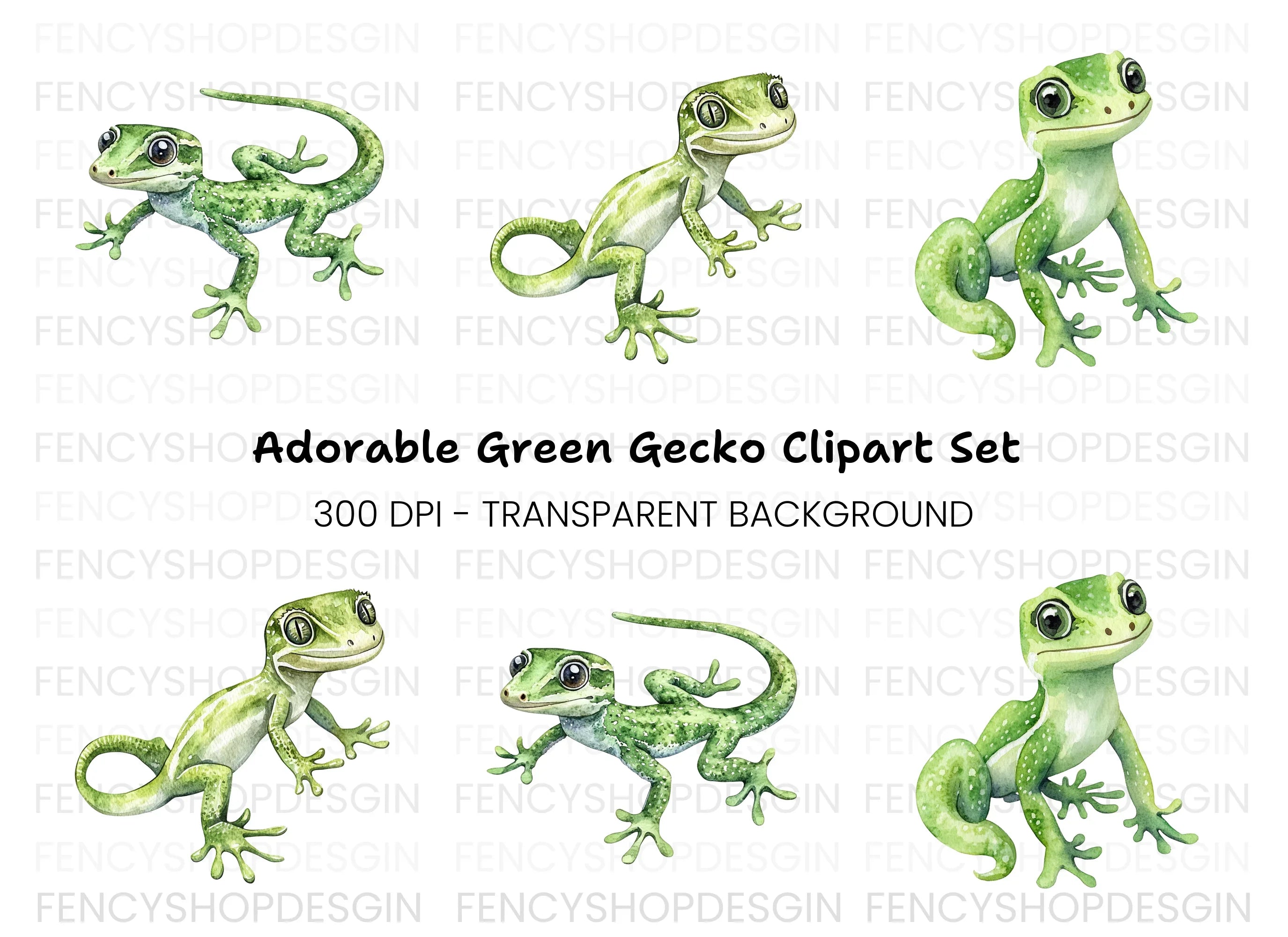 Cute Green Gecko Clipart Bundle