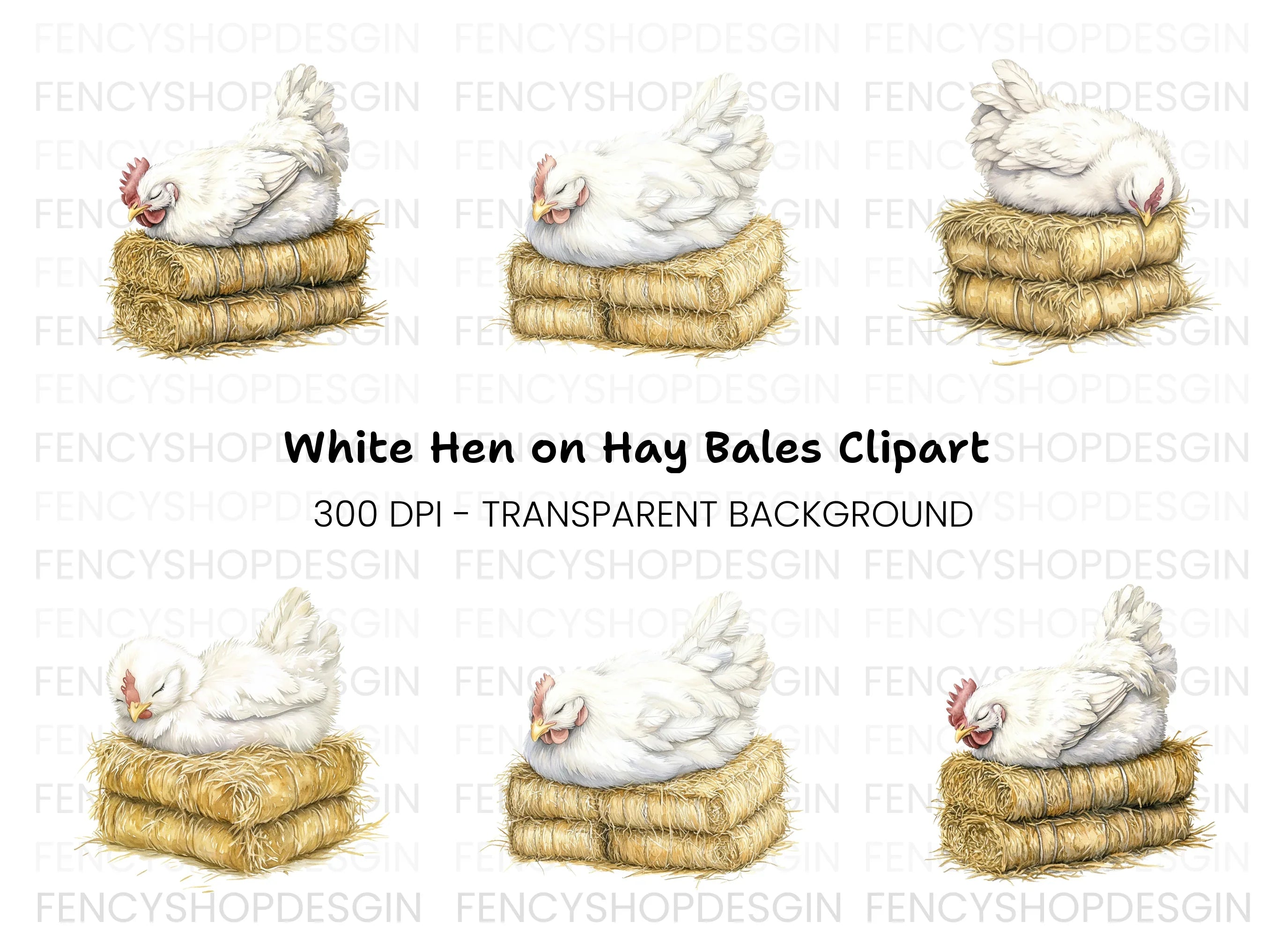 Sleeping White Chickens on Hay Bales Clipart Bundle