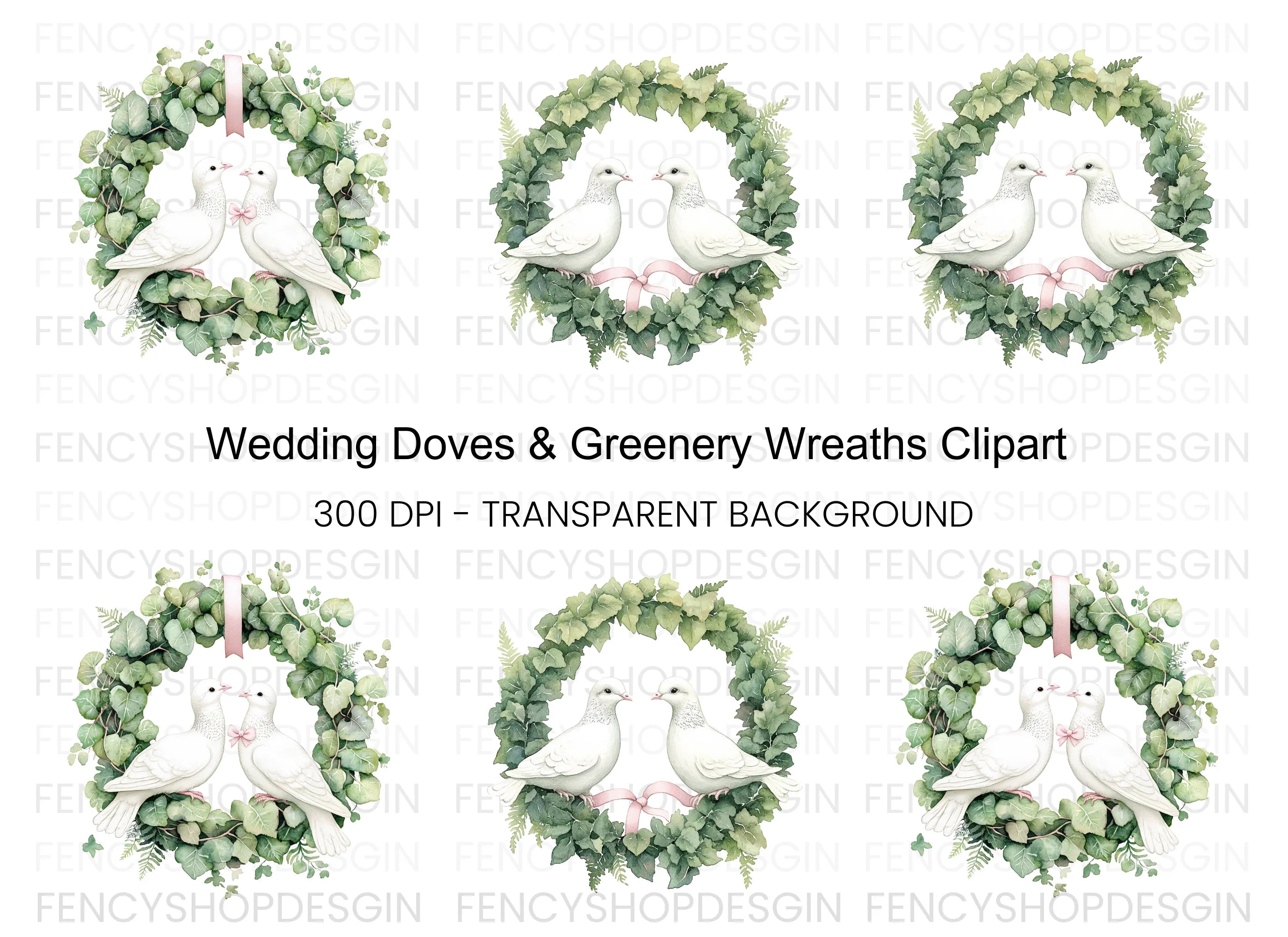 Doves in Greenery Wreath Clipart Bundle