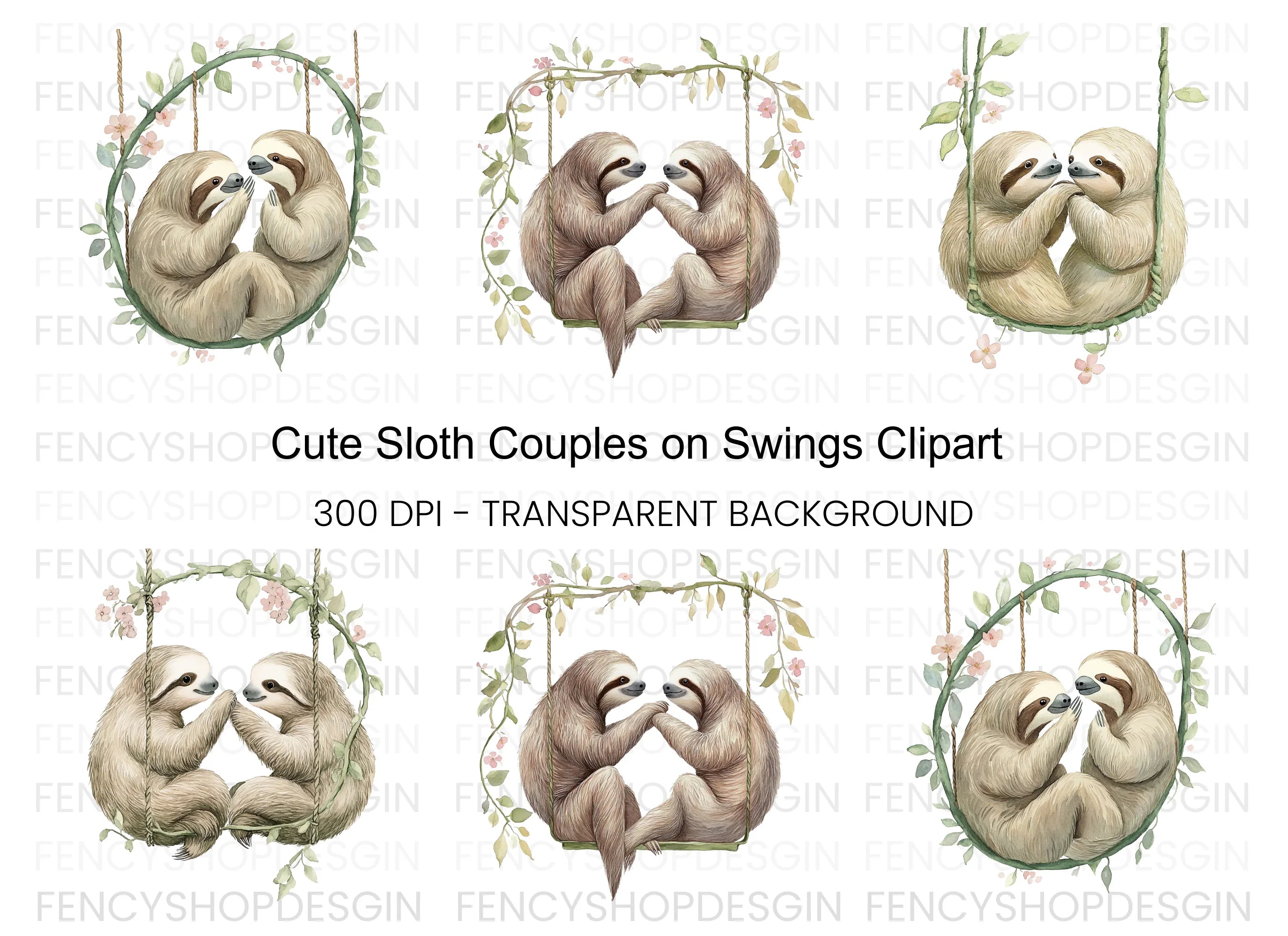 Cute Sloth Couple on Swings Clipart Bundle