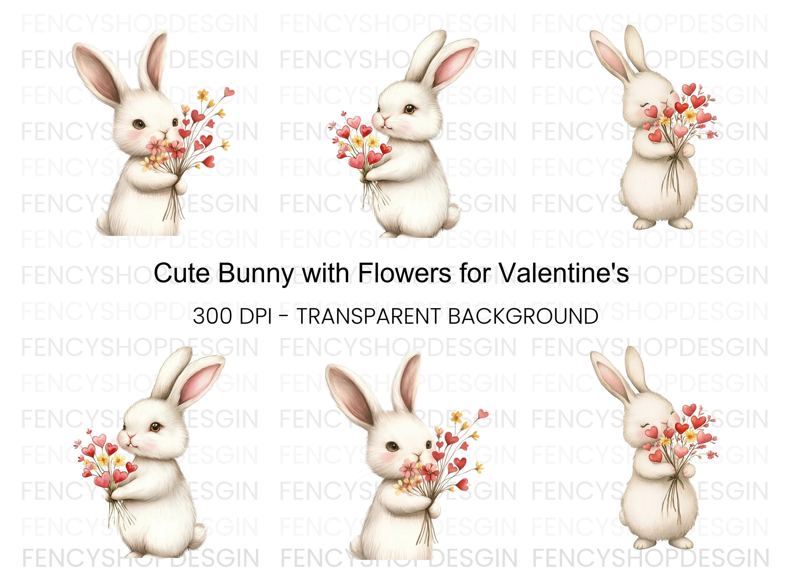 Cute Bunny with Flower Bouquets Clipart Bundle