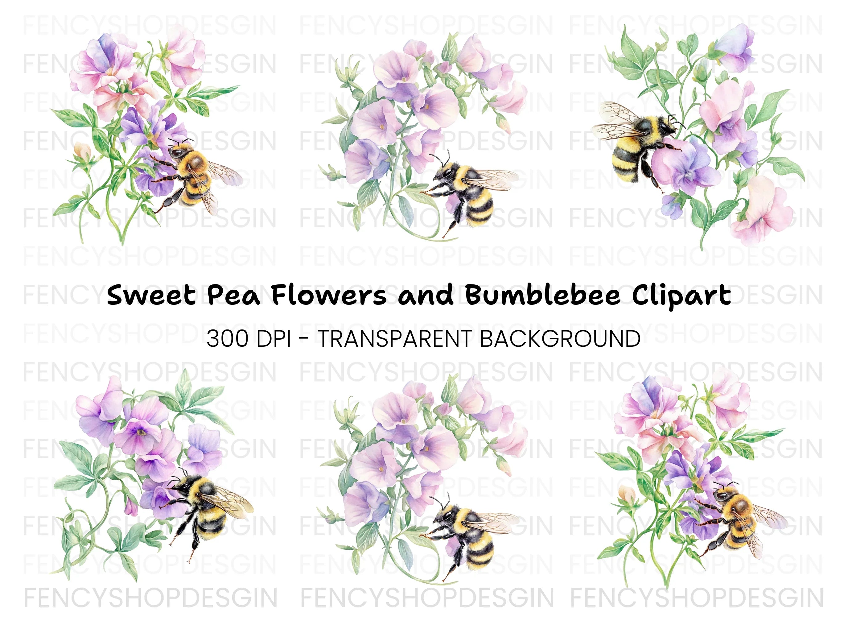 Sweet Pea Flowers with Bumblebees Clipart Bundle