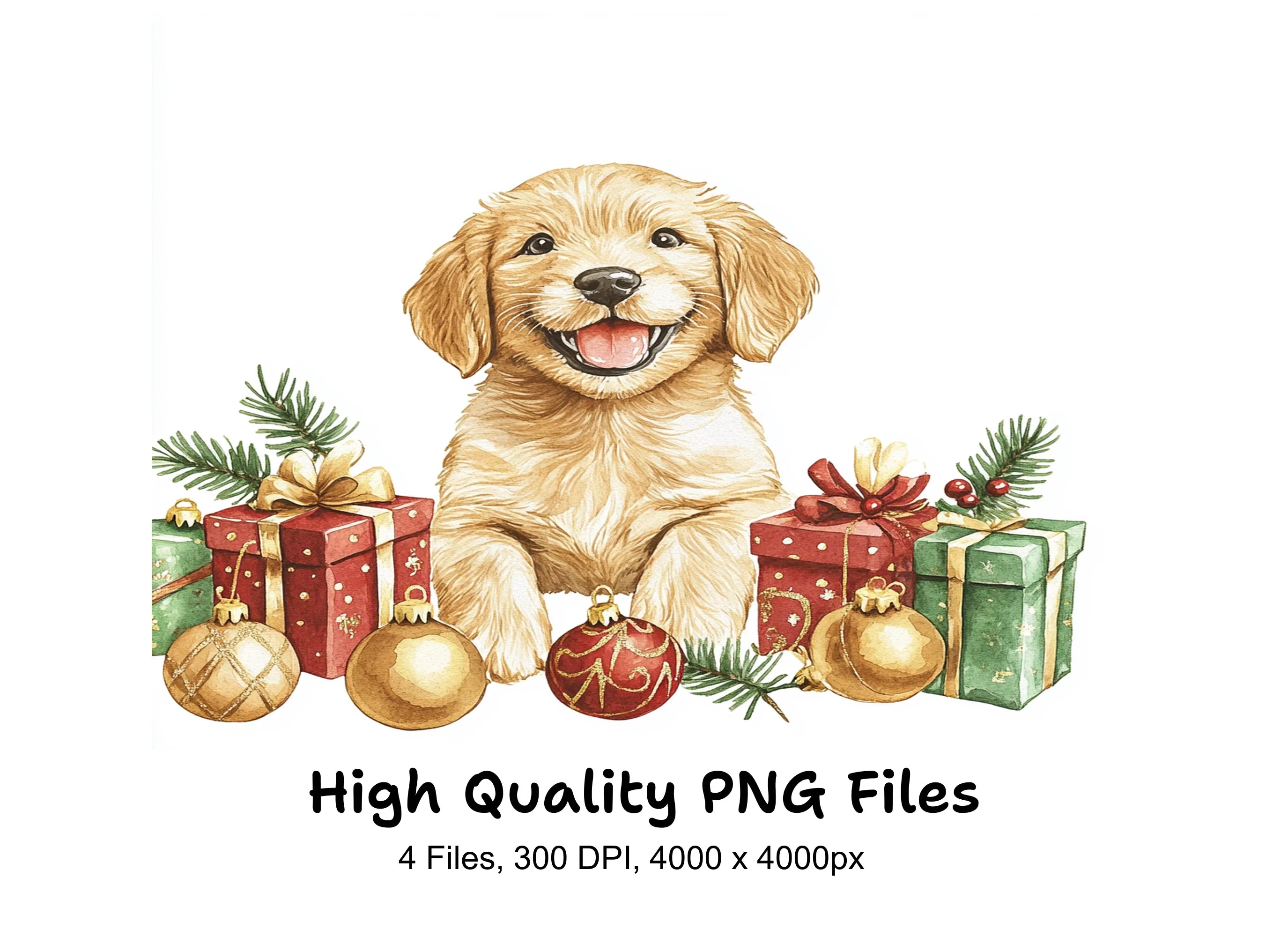 Happy Christmas Puppies with Presents Clipart Bundle
