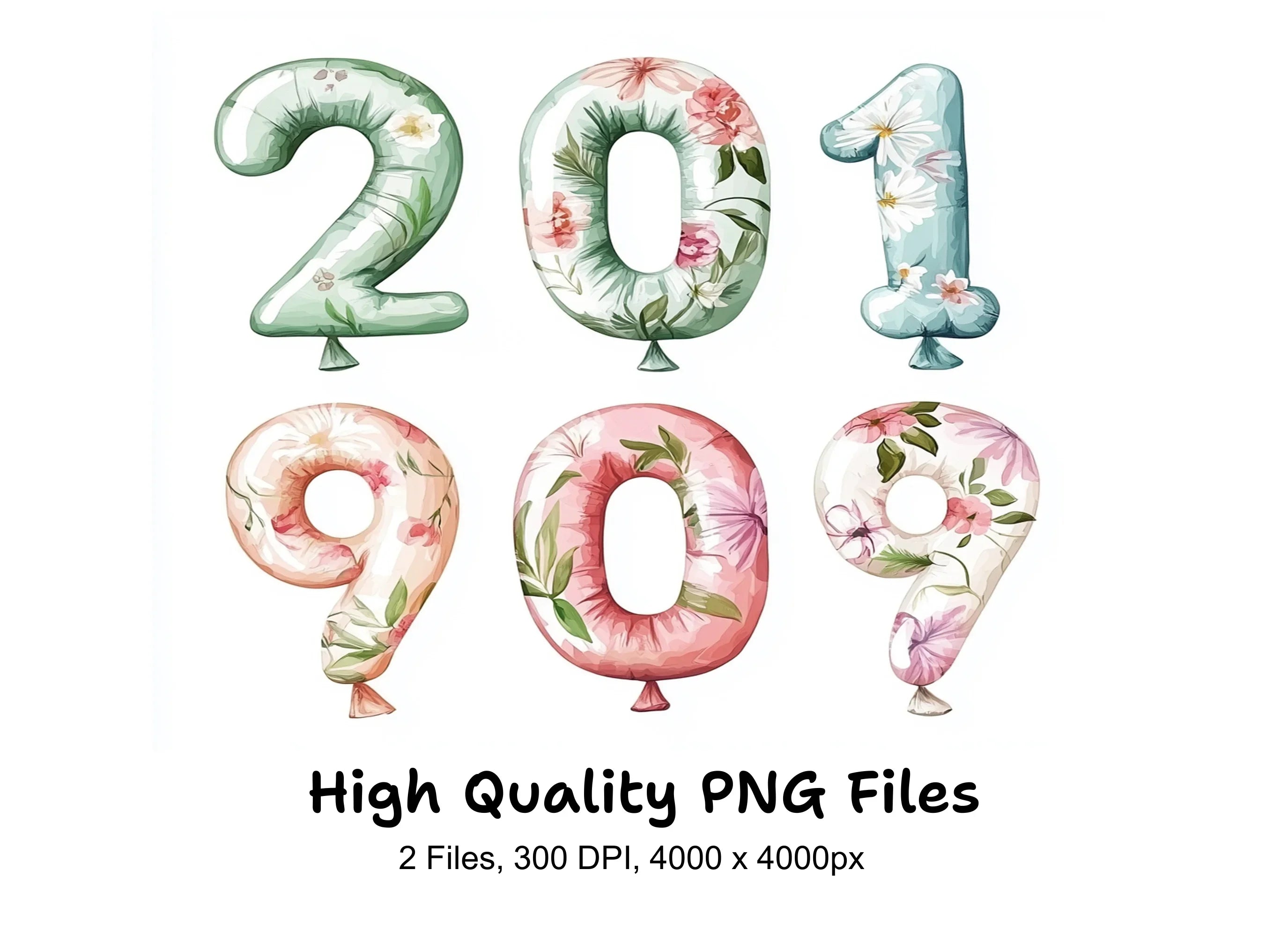 Floral Number Balloons Clipart Bundle