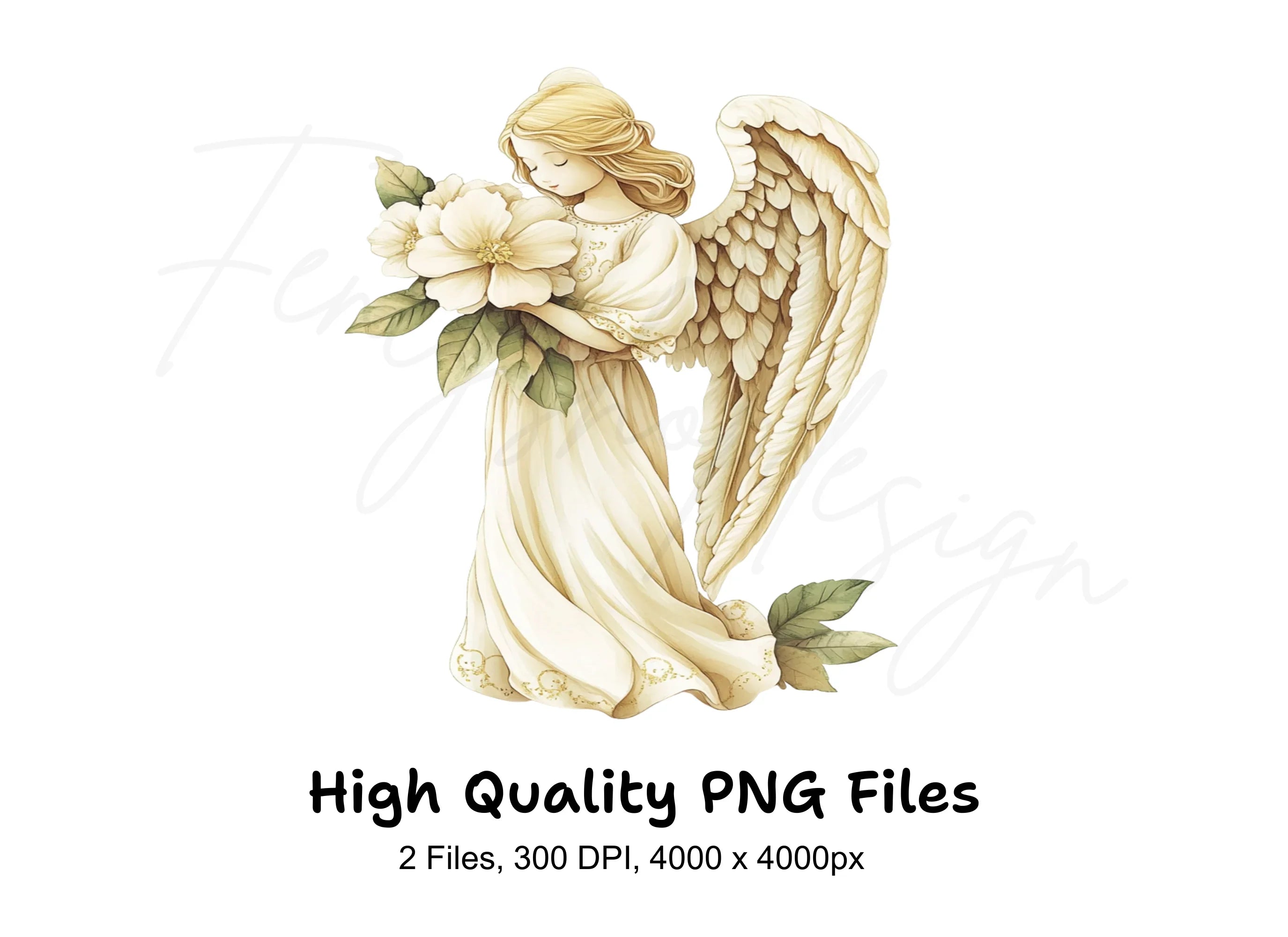 Elegant Angel with White Flowers Clipart Bundle