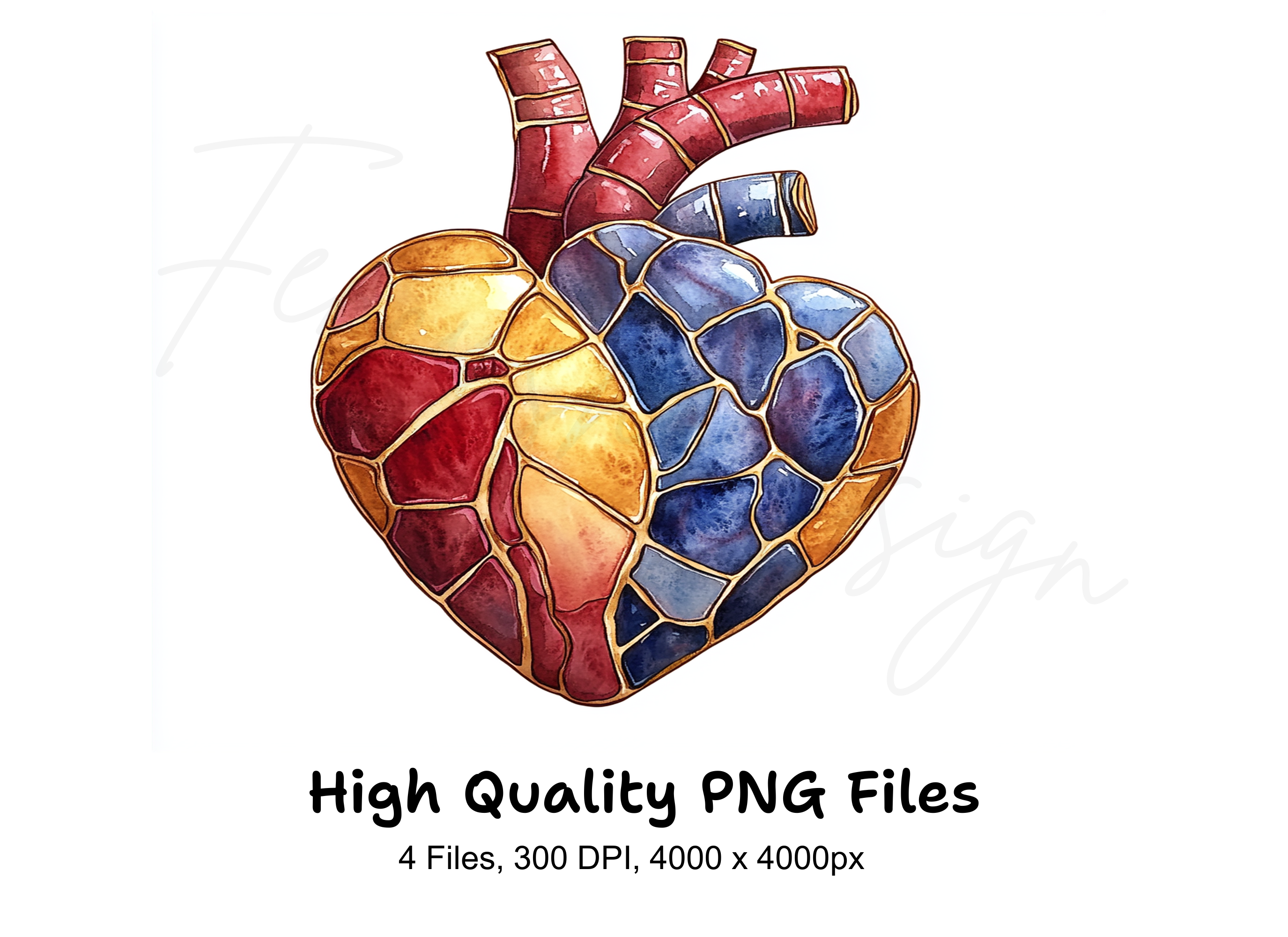 Anatomical Stained Glass Heart Clipart Bundle