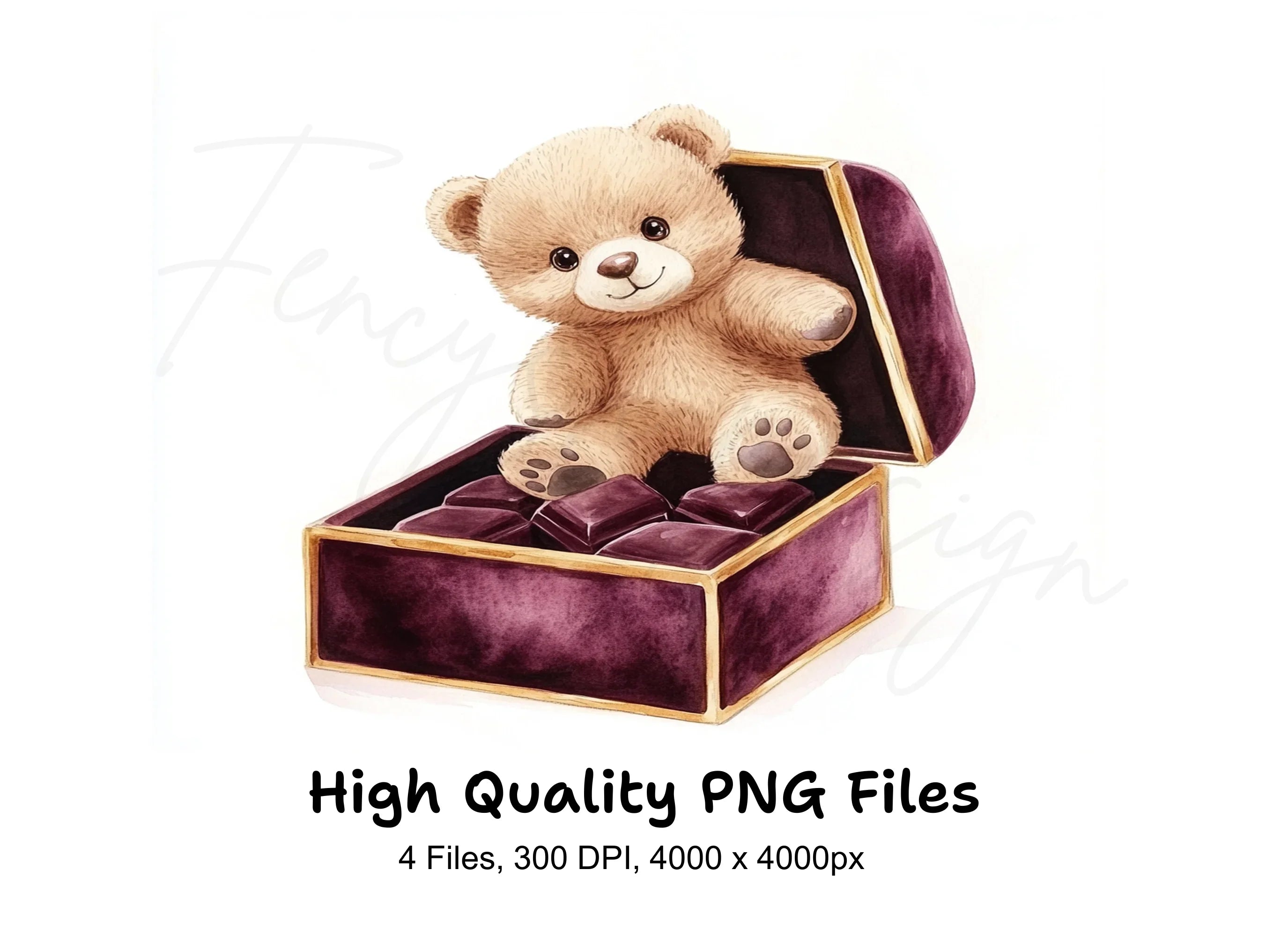 Cute Teddy Bear in Velvet Chocolate Box Clipart Bundle