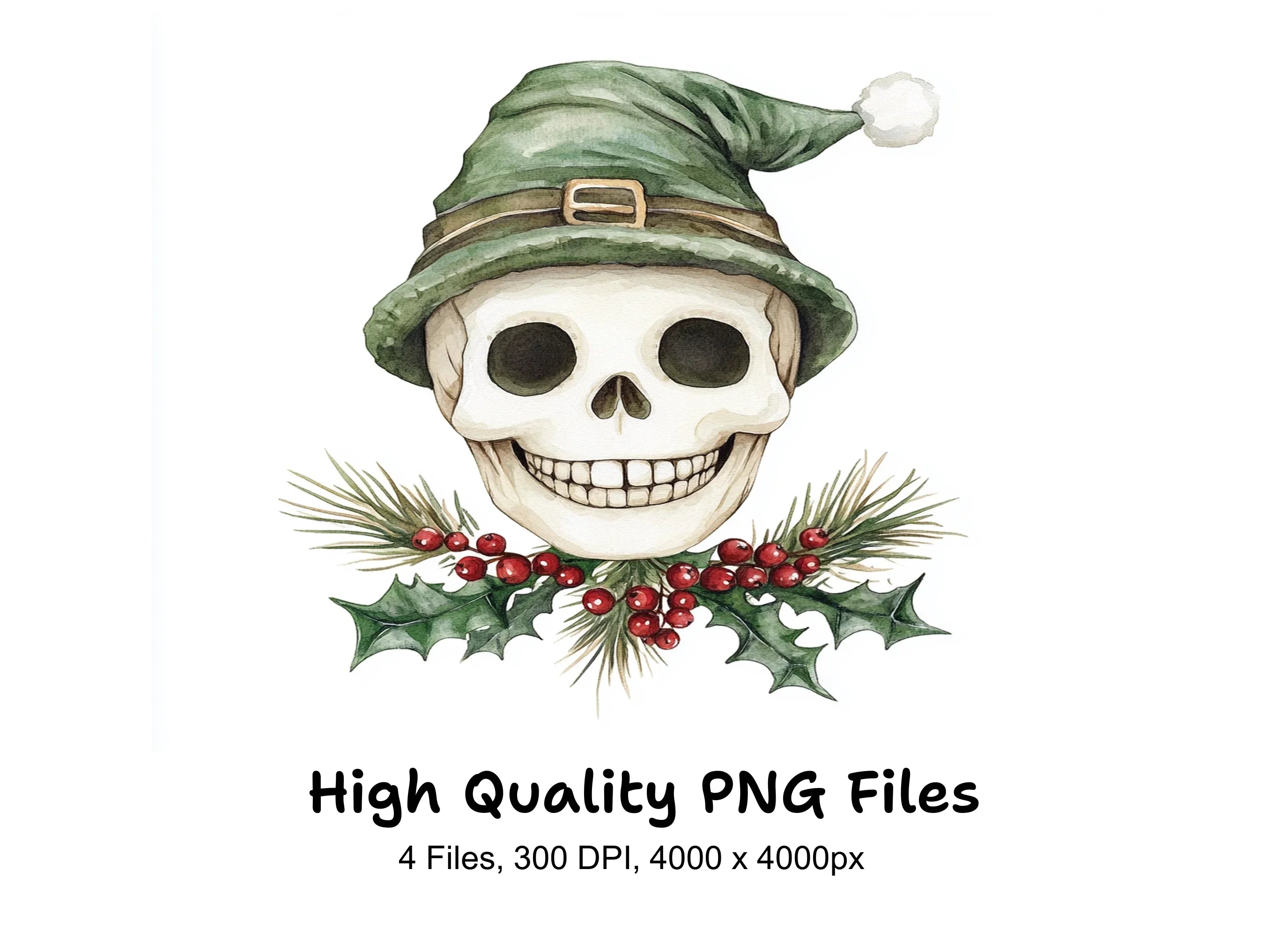 Elf Skulls with Holly Berries Clipart Bundle