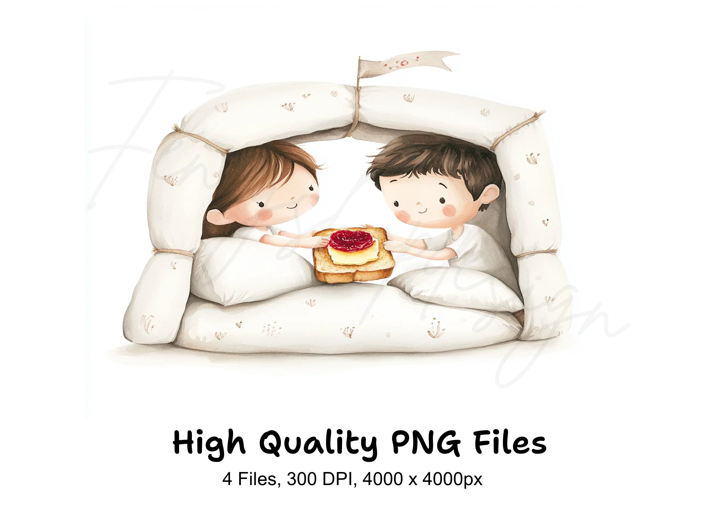 Cute Couple Pillow Fort Breakfast Clipart Bundle