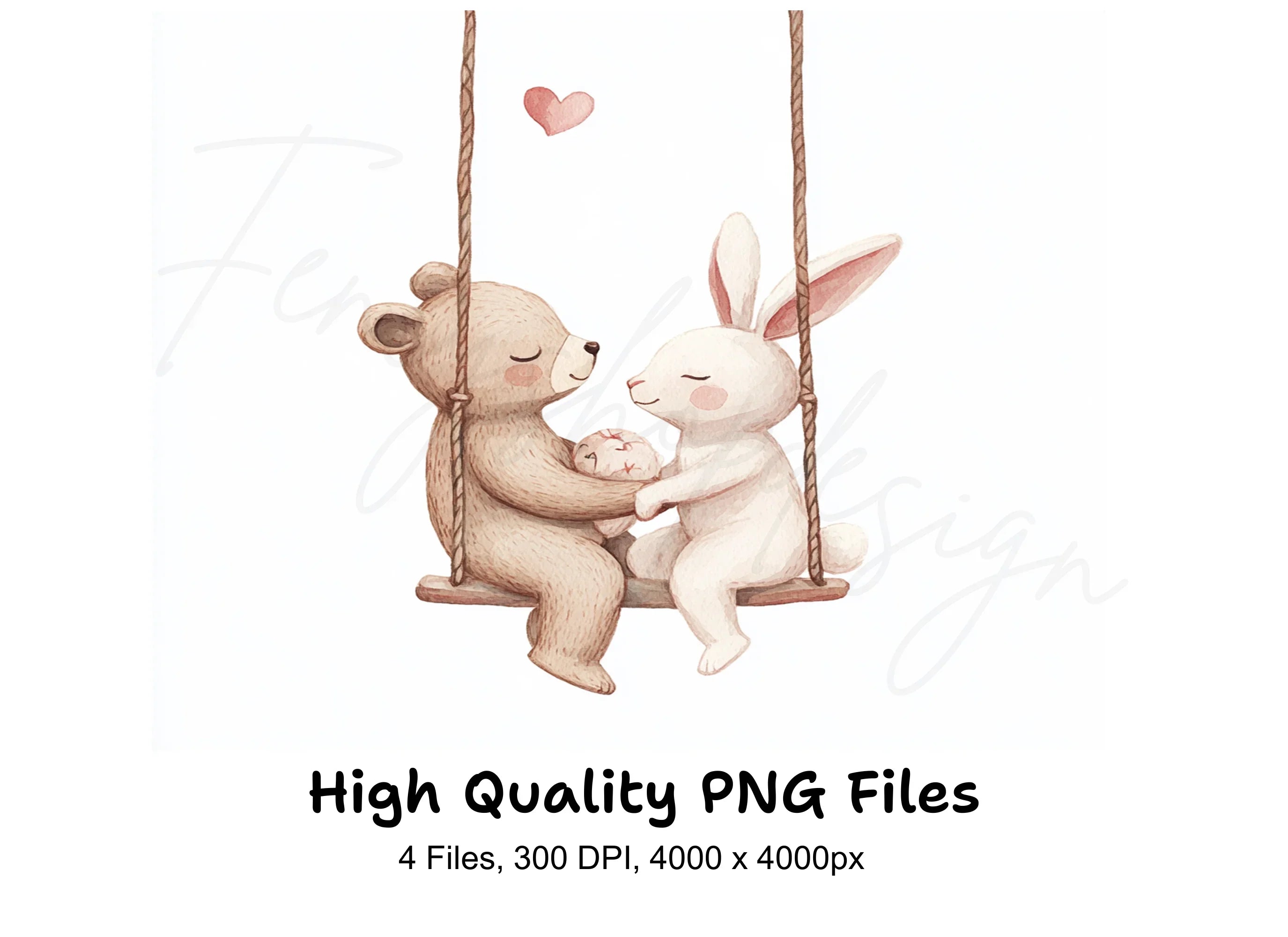 Cute Bunny and Bear Couple on Swings Clipart Bundle