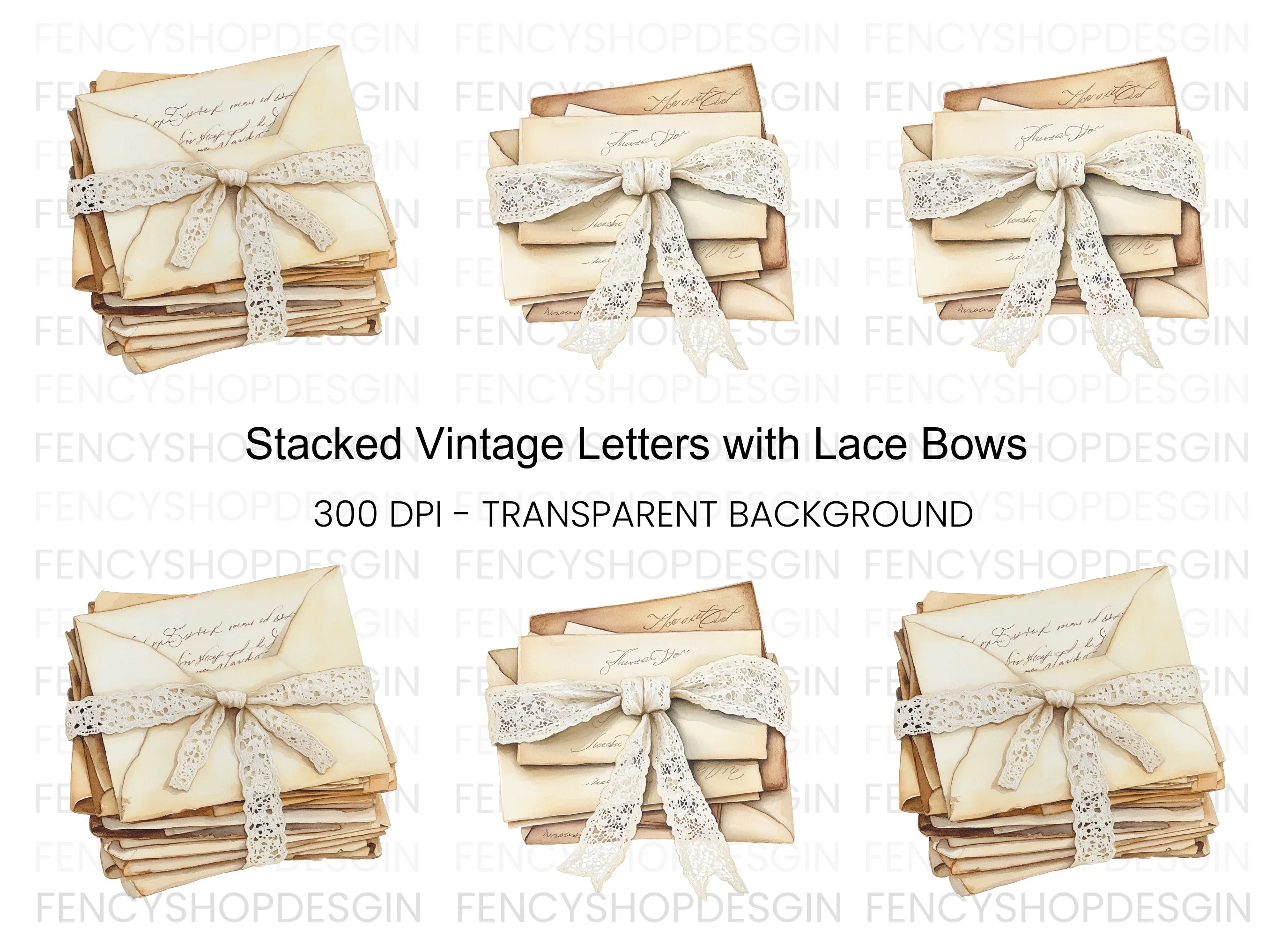 Stacked Vintage Letters with Lace Bows Clipart Bundle