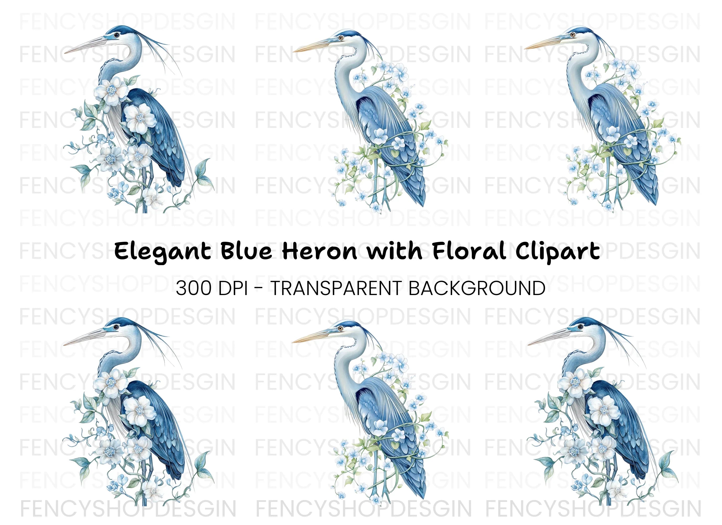 Elegant Blue Heron with White Flowers Clipart Bundle