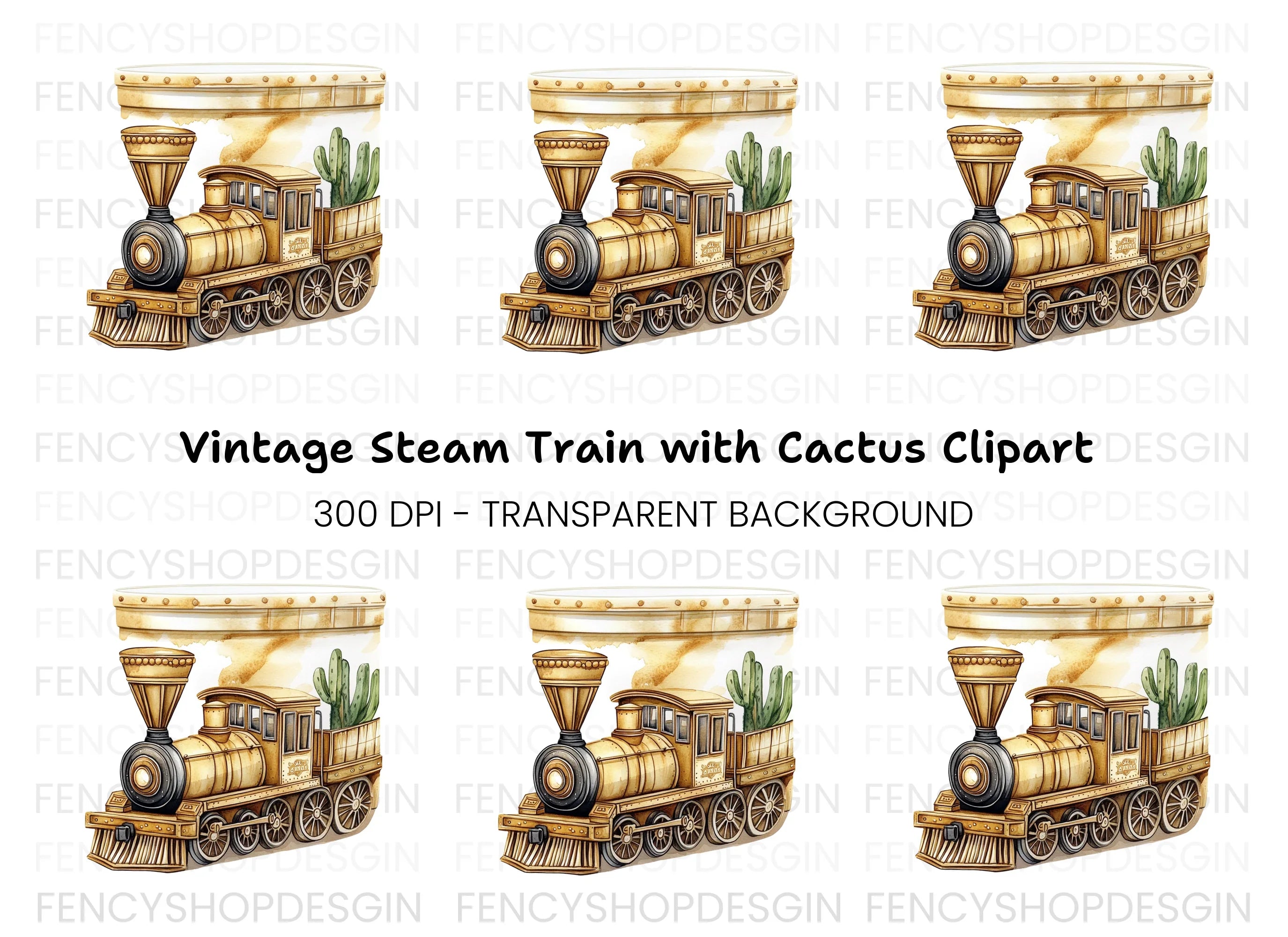 Vintage Train and Cactus Clipart Bundle