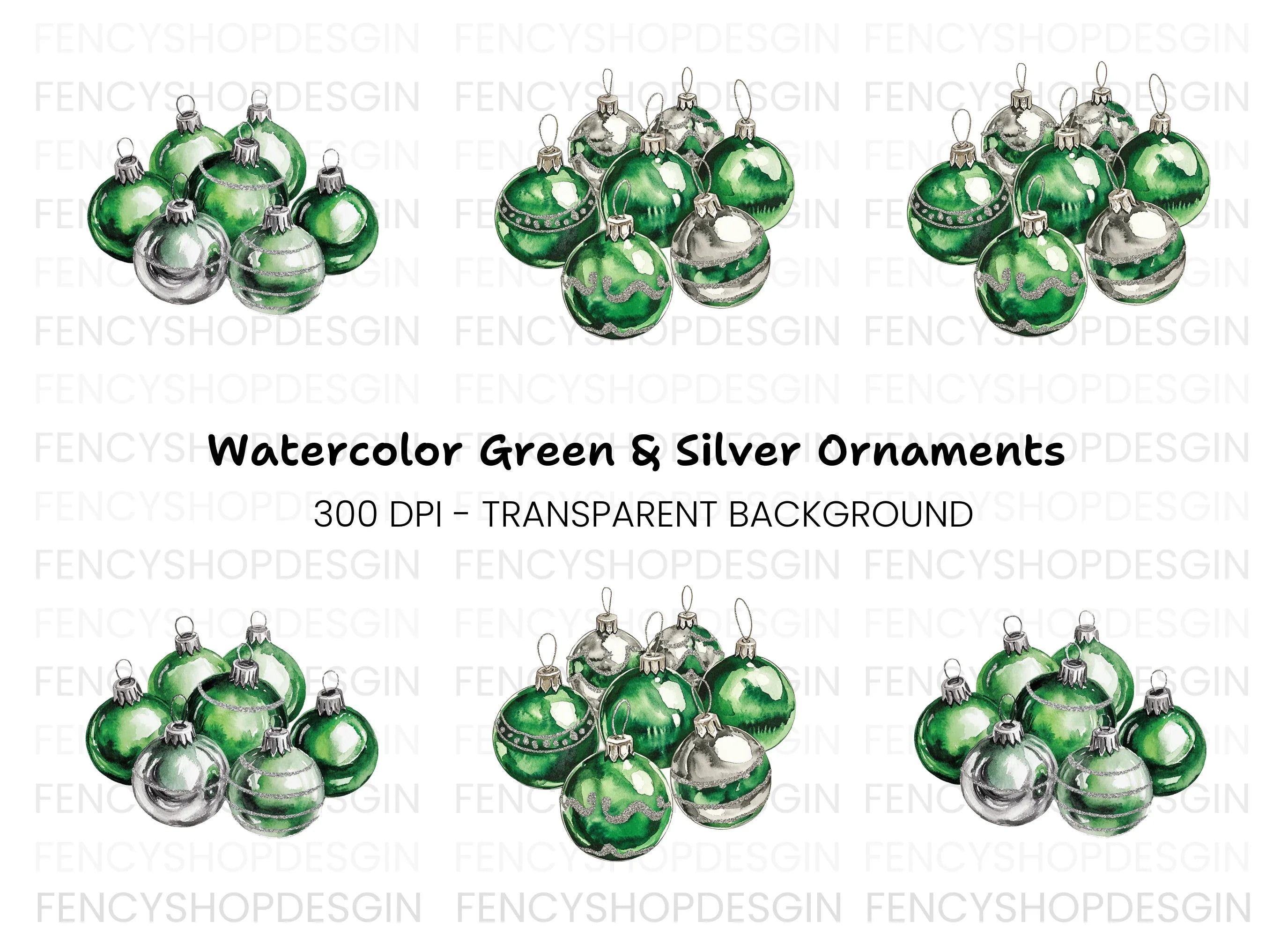 Green Silver Ornaments Clipart Bundle