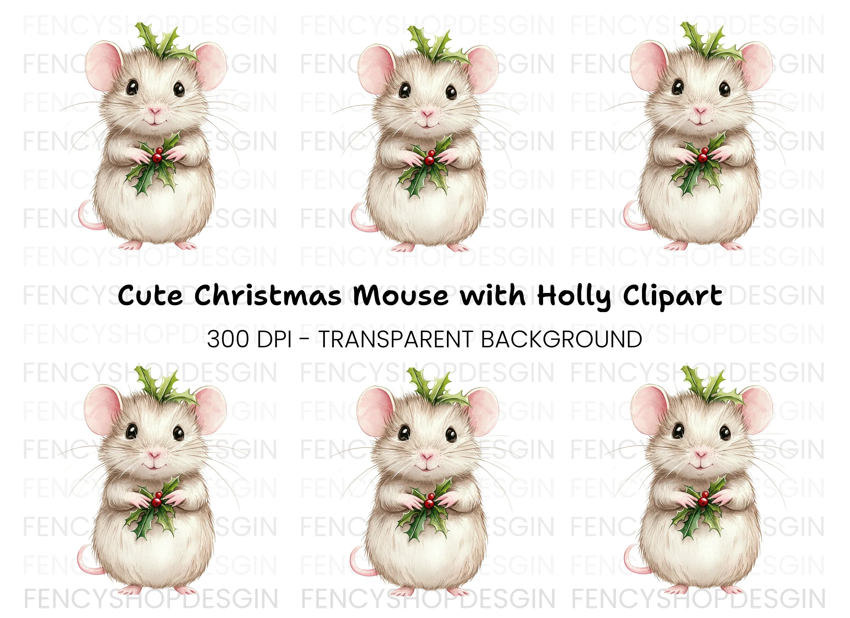 Cute Christmas Mouse with Holly Clipart Bundle