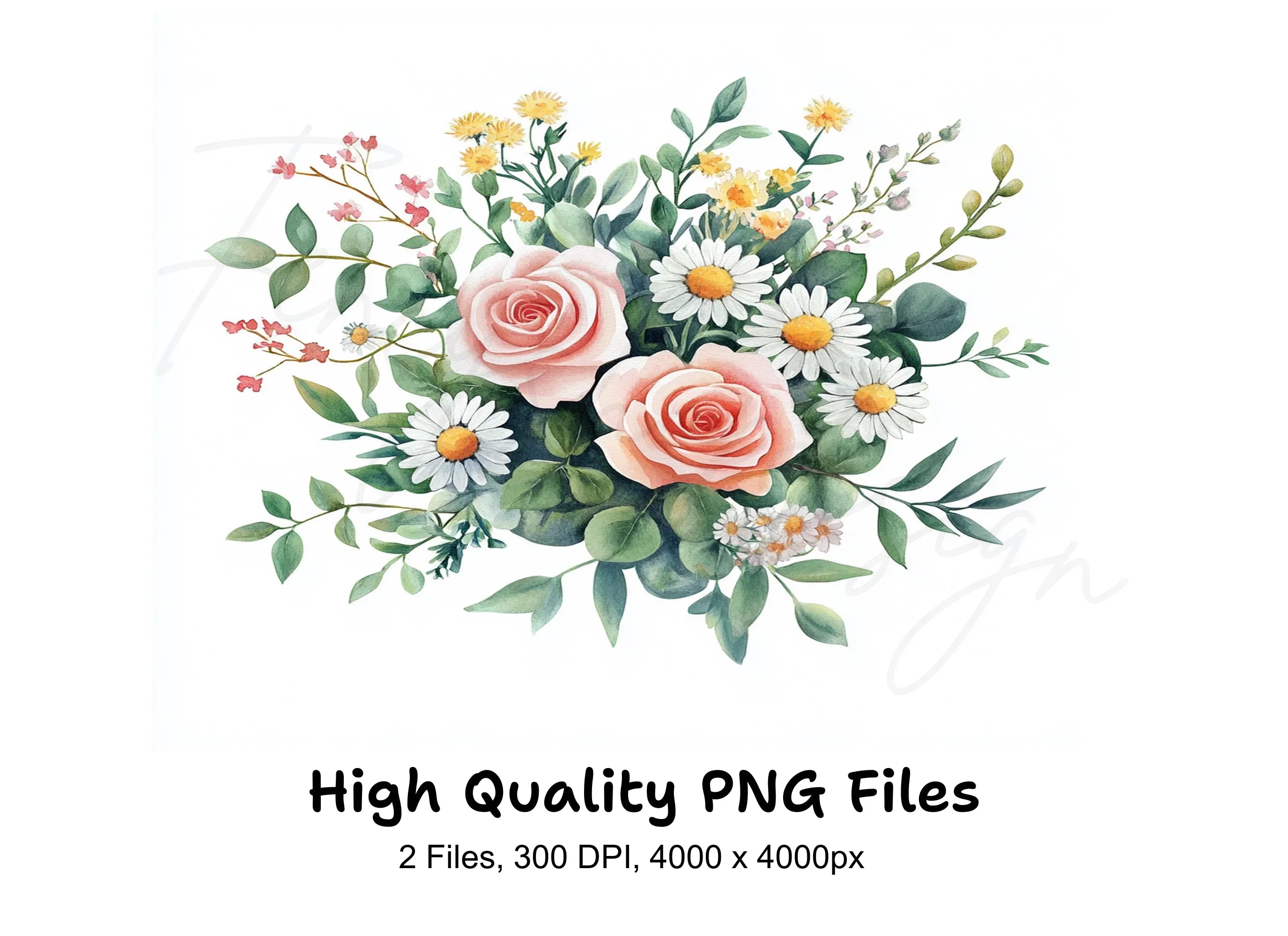 Roses and Daisies Bouquet Clipart Bundle