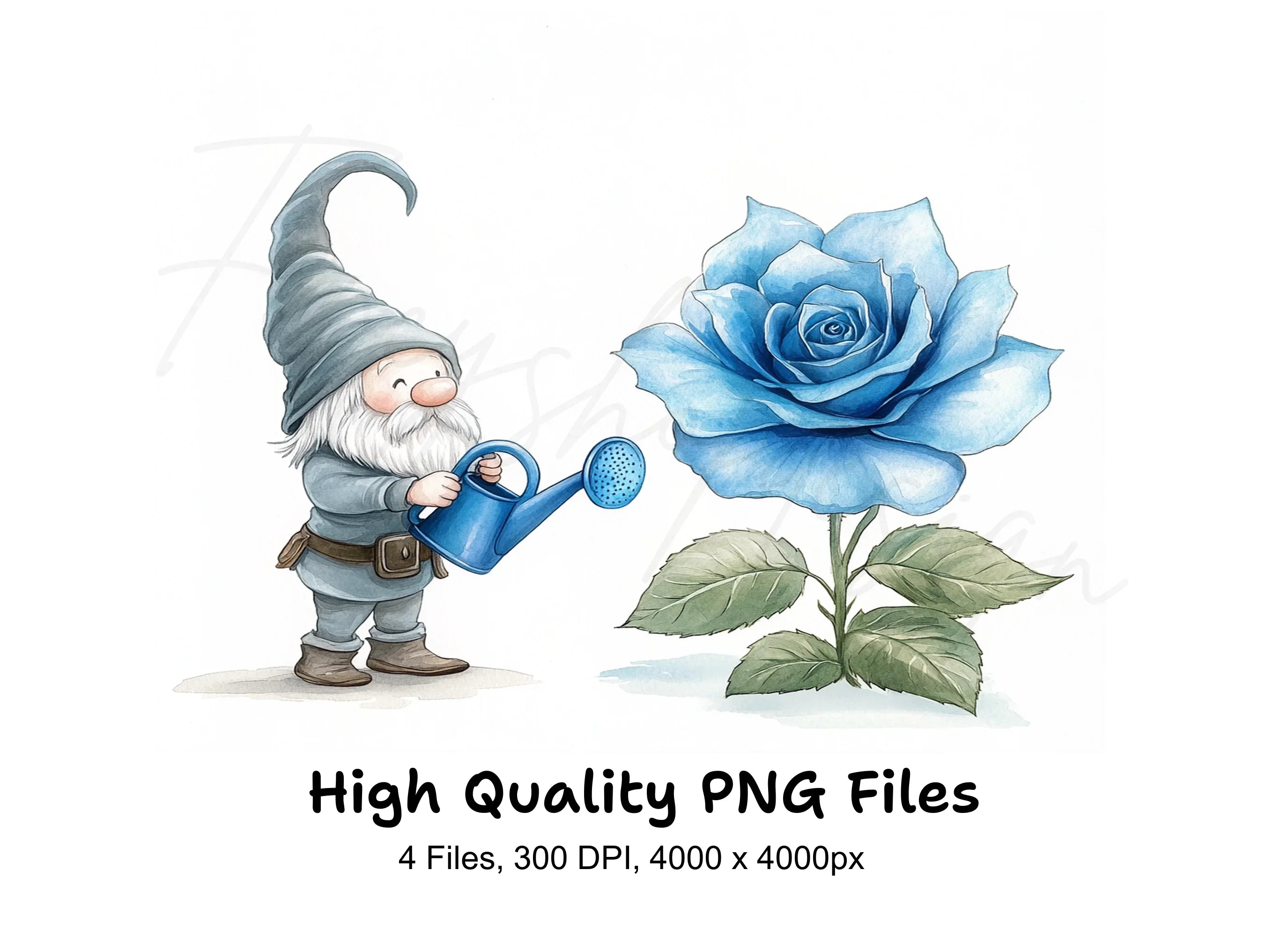 Gnome Watering Blue Rose Clipart Bundle