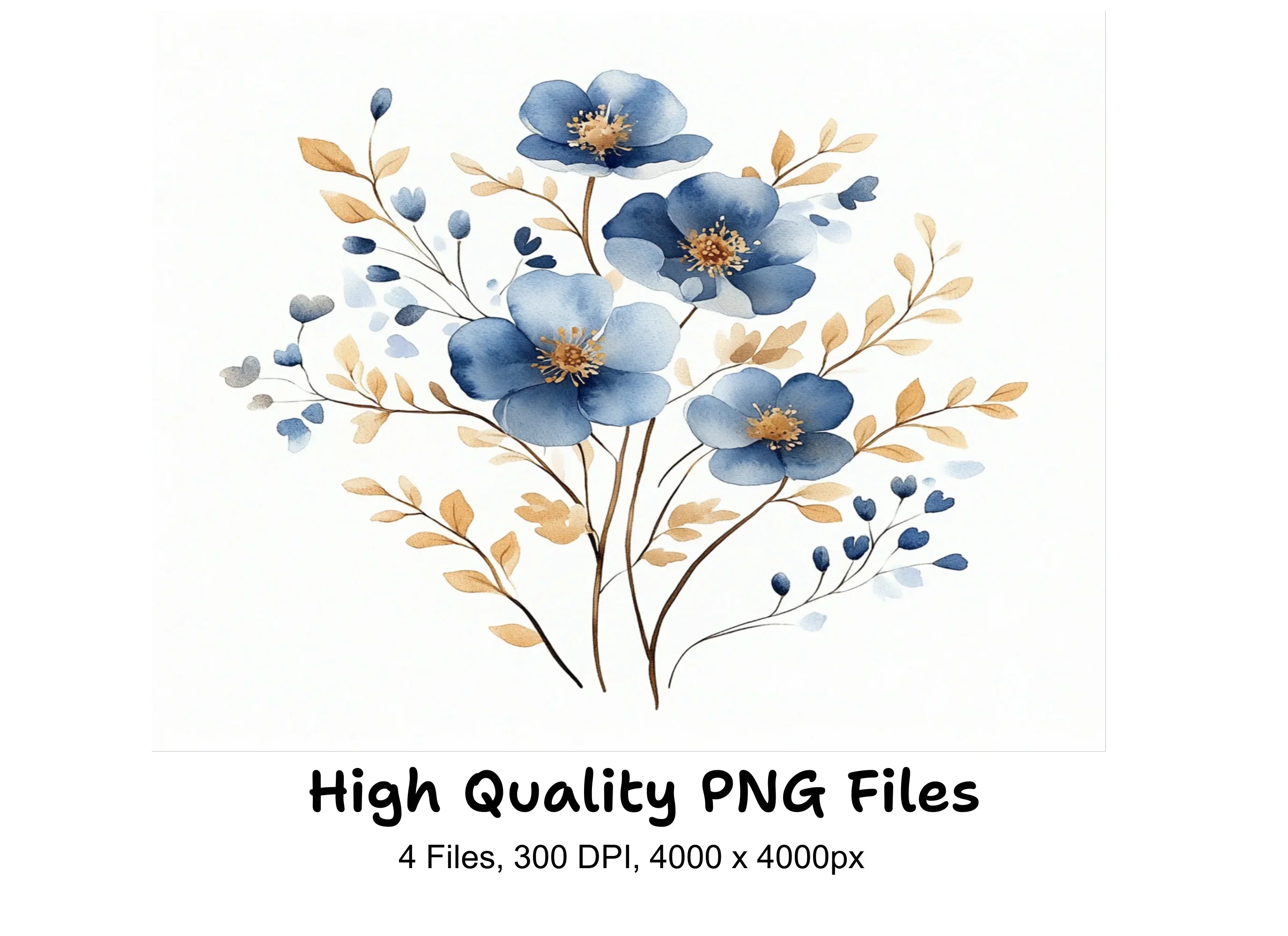 Blue and Gold Floral Clipart Bundle