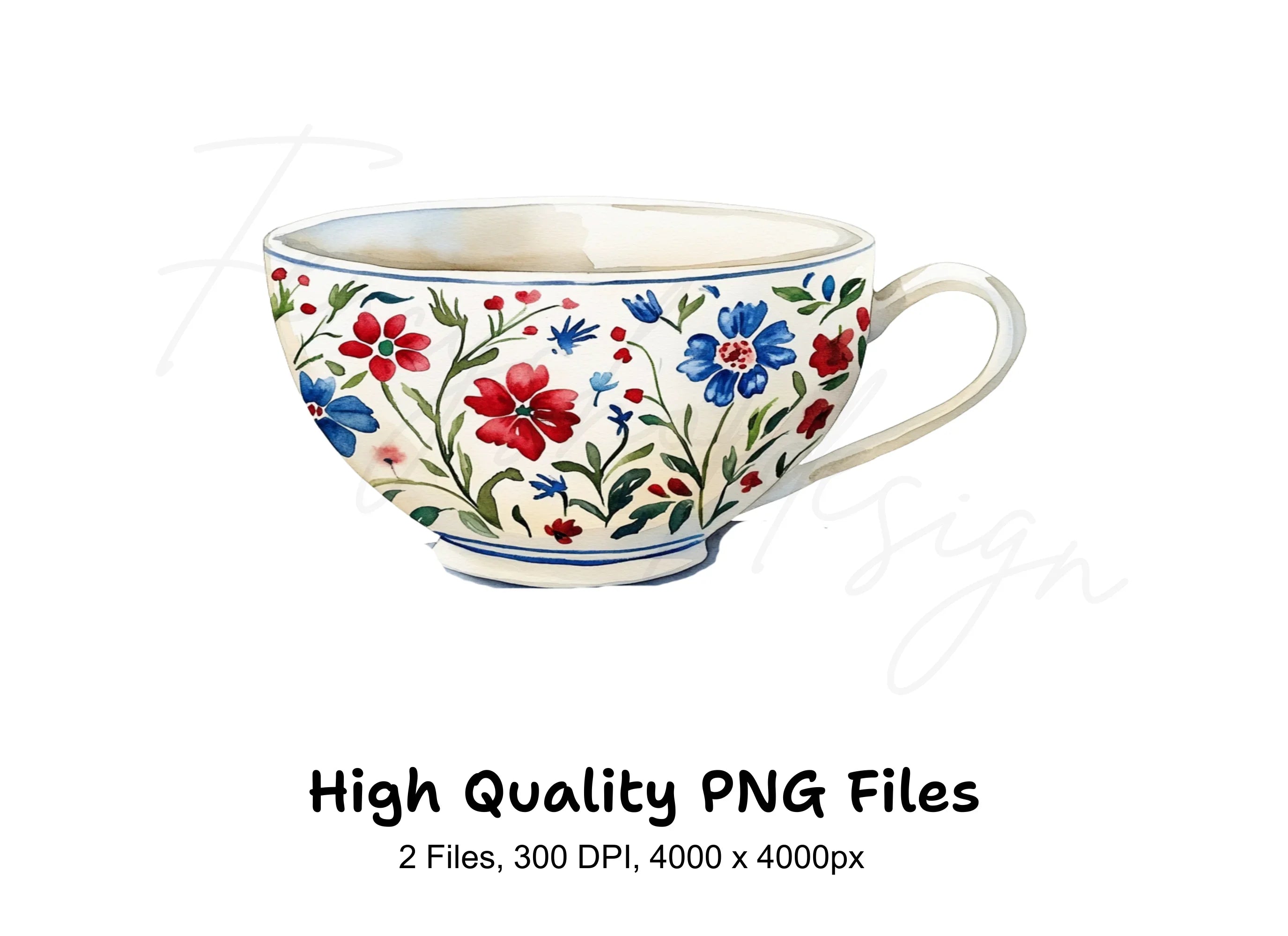 Vibrant Folk Floral Tea Cups Clipart Bundle