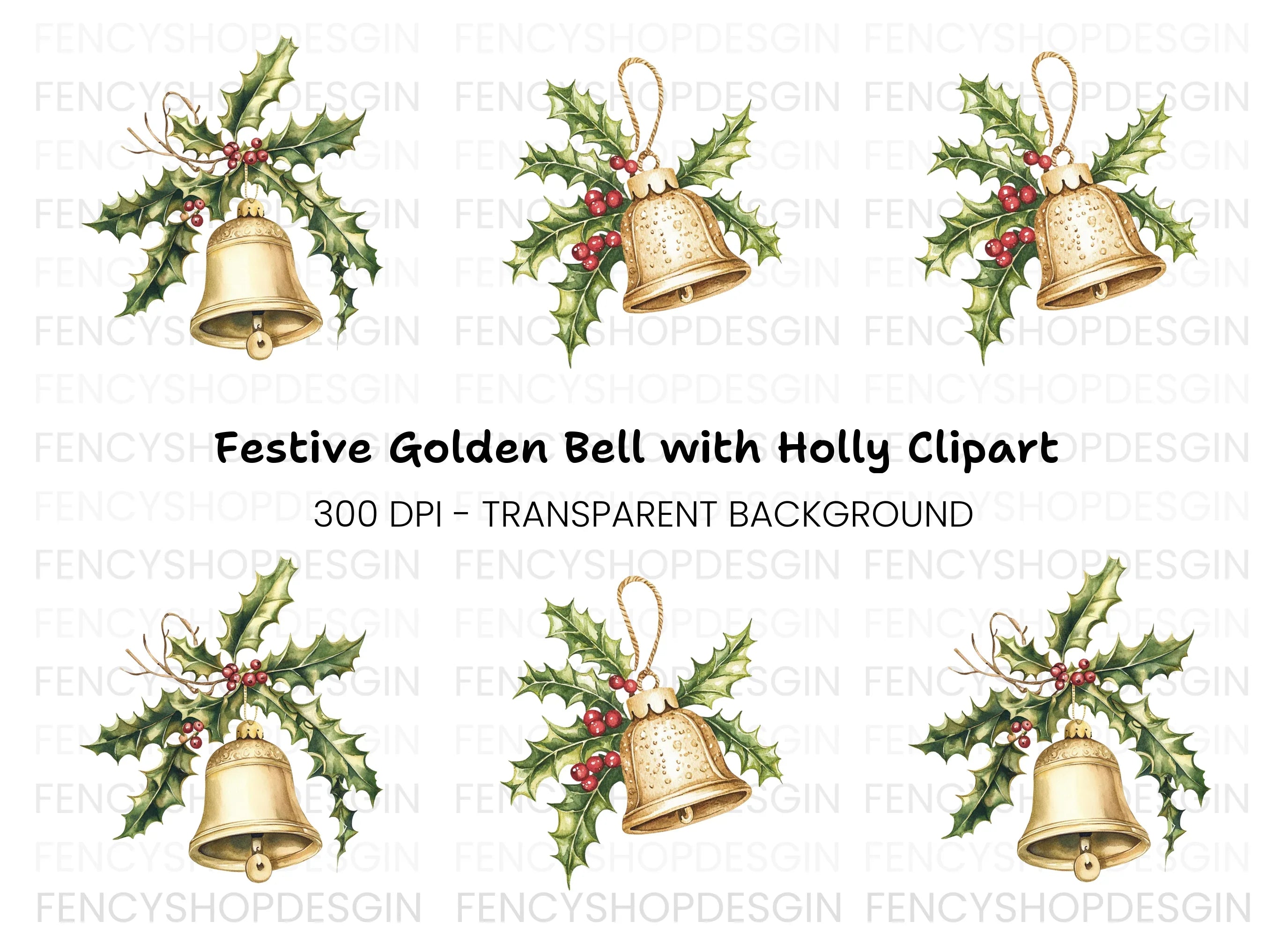 Christmas Holly and Golden Bells Clipart Bundle