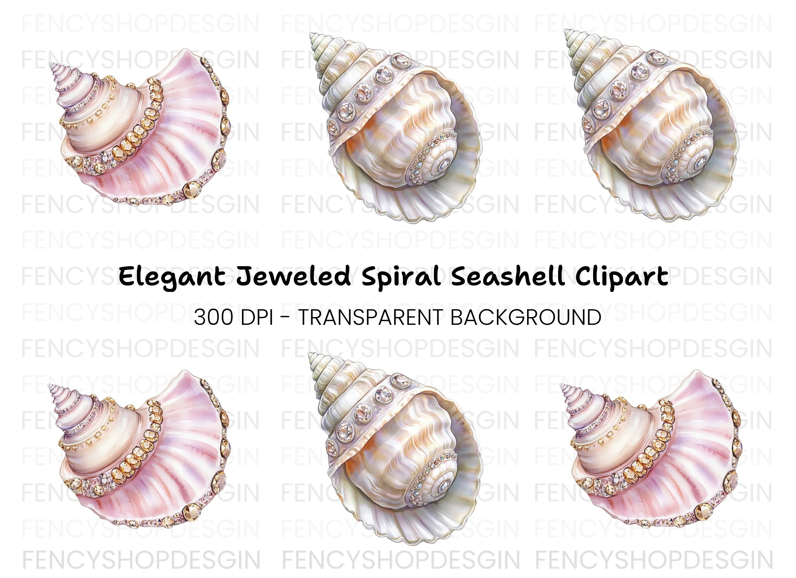 Elegant Seashells with Sparkling Gems Clipart Bundle