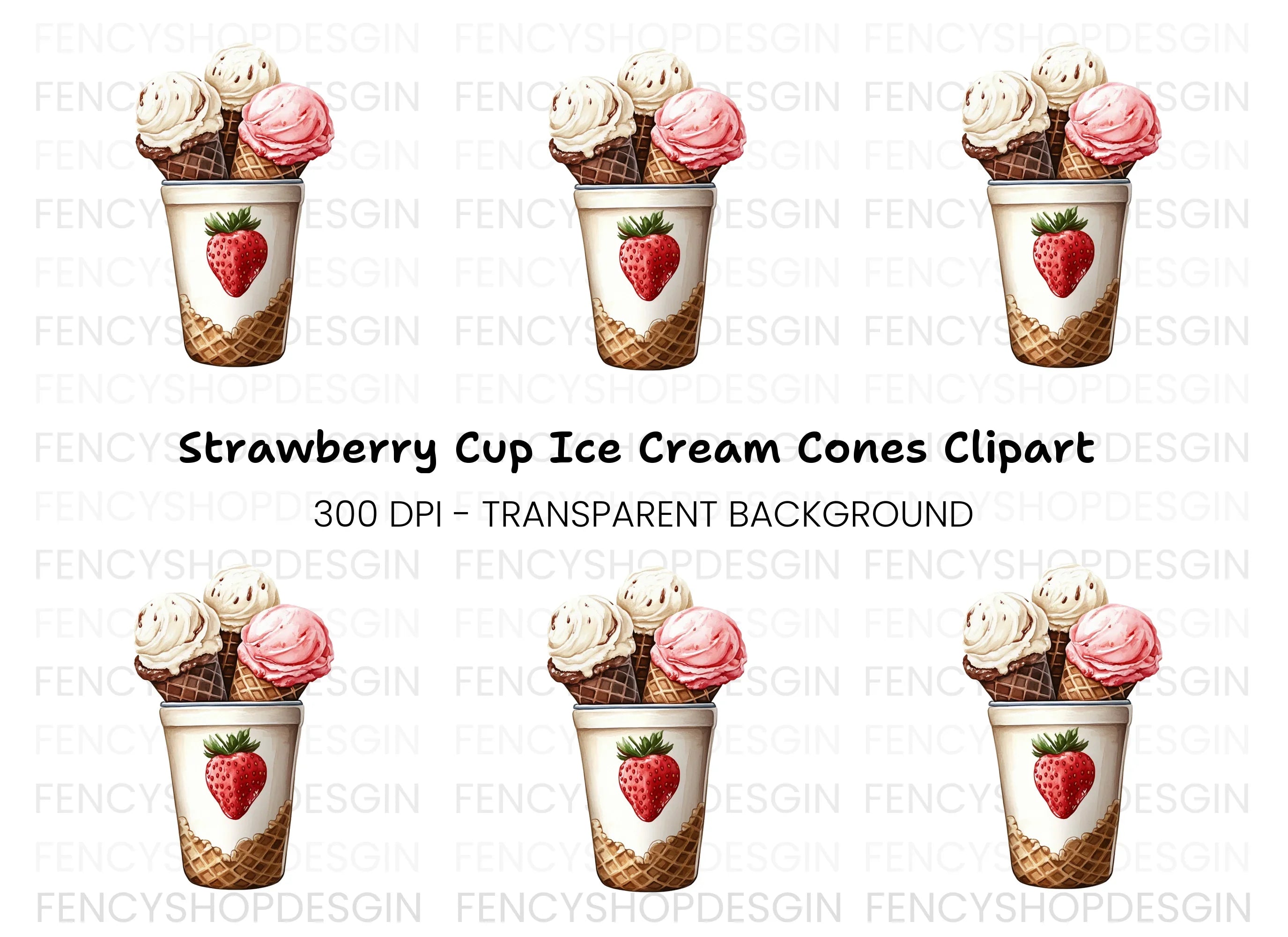 Strawberry Cup Ice Cream Cones Clipart Bundle