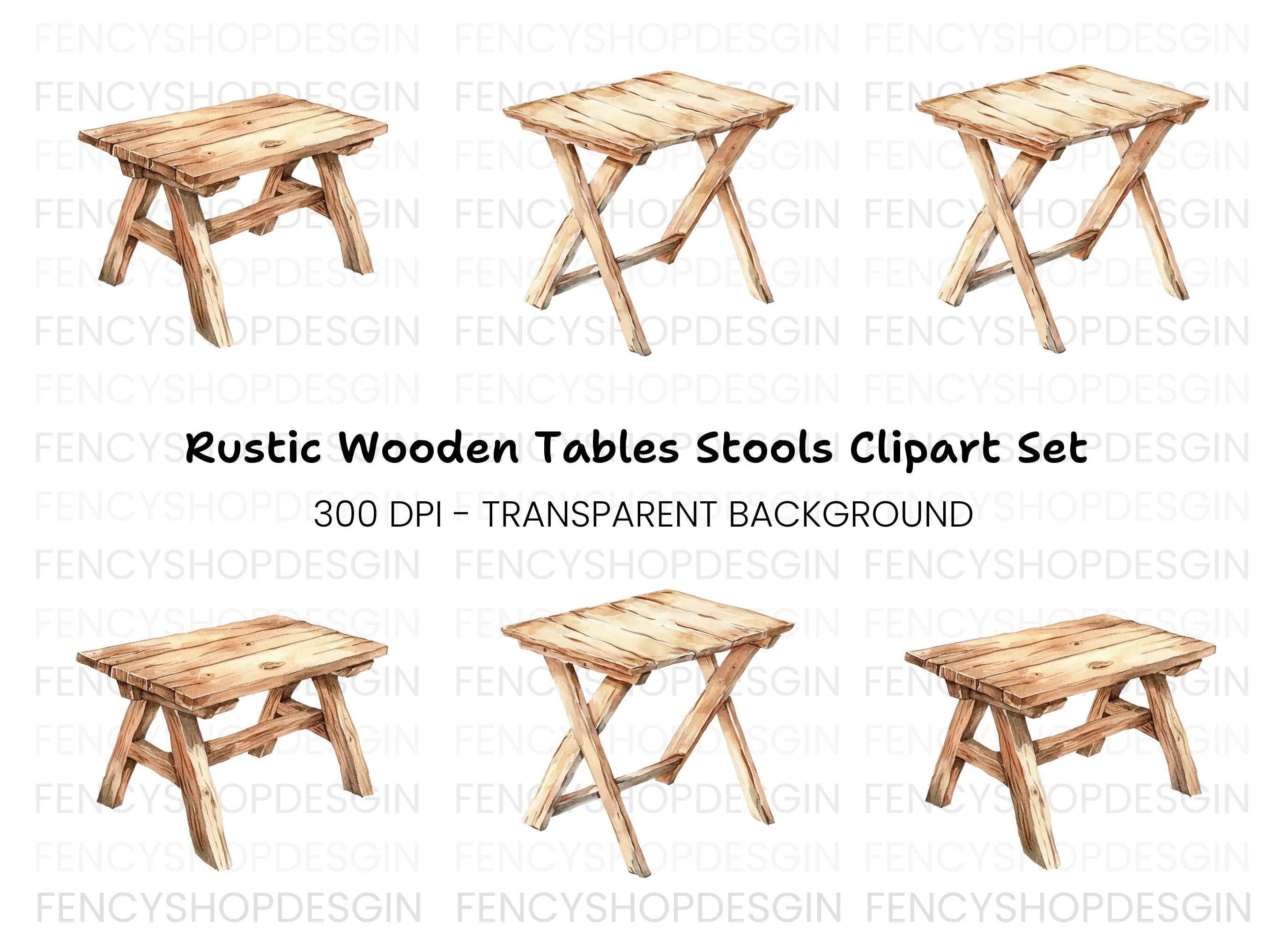 Rustic Wooden Stools Clipart Bundle