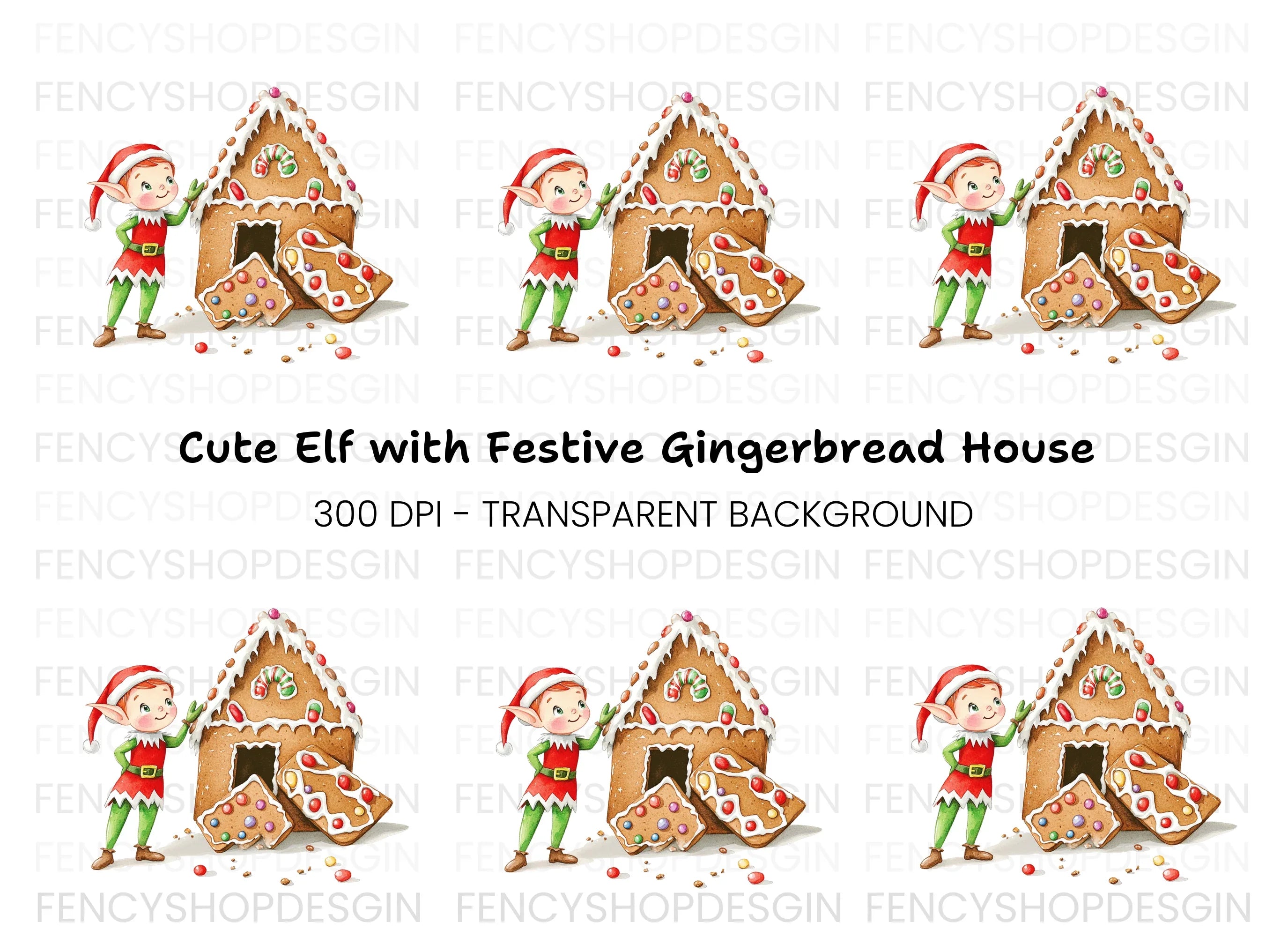 Cute Elf with Gingerbread House Clipart Bundle