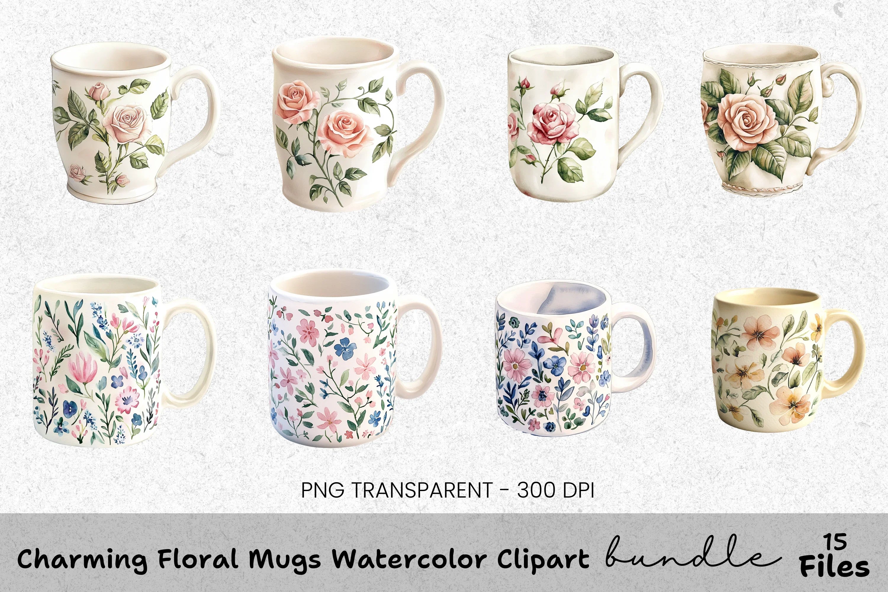 Charming Floral Mugs Clipart Bundle