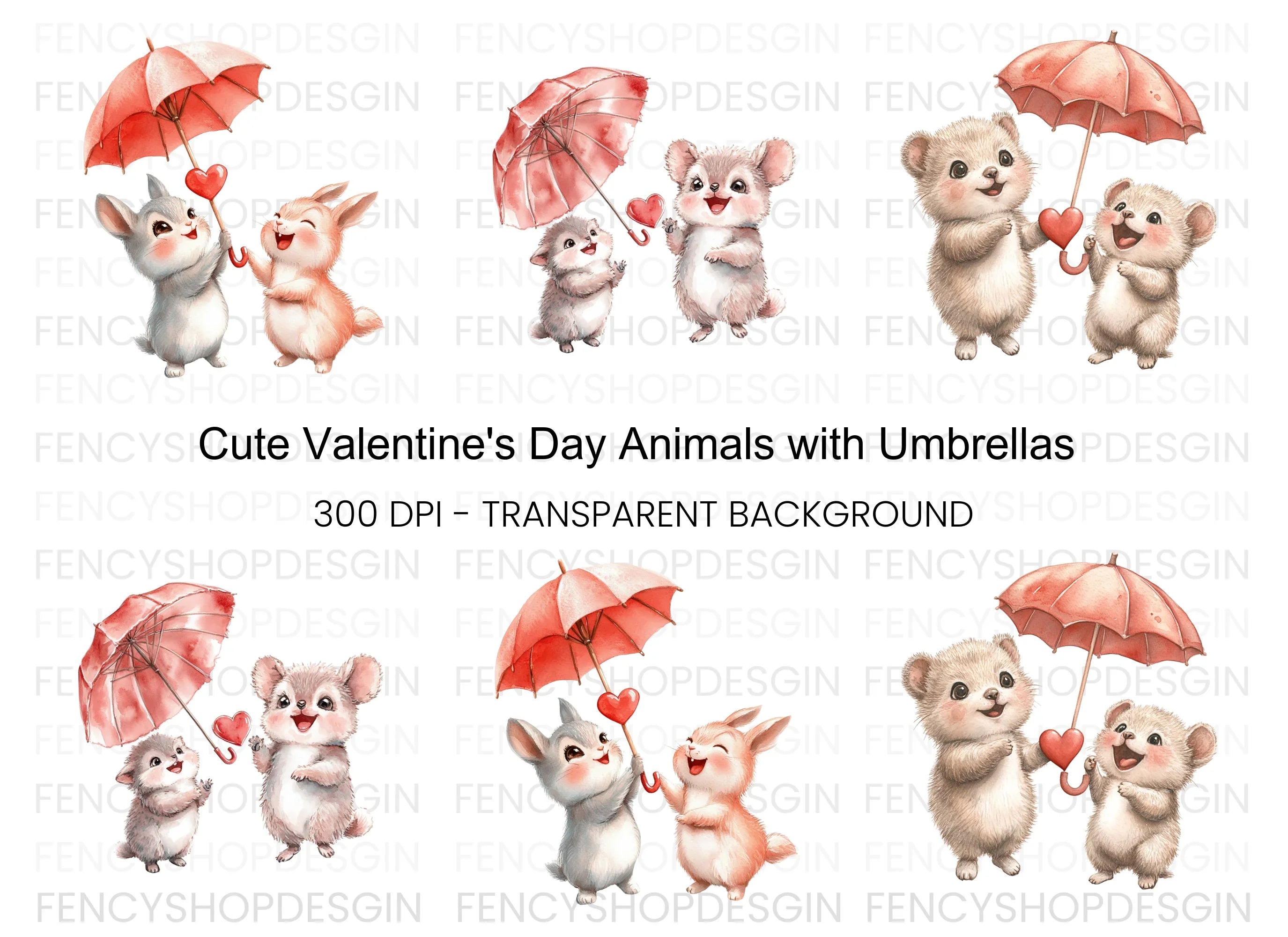 Cute Animals with Umbrellas Clipart Bundle