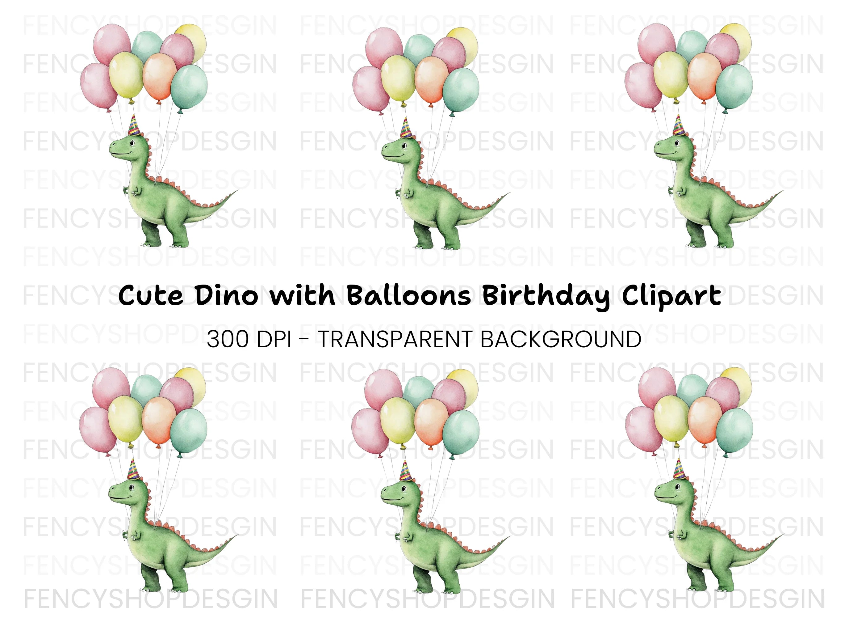 Happy Dinosaur with Balloons Clipart Bundle