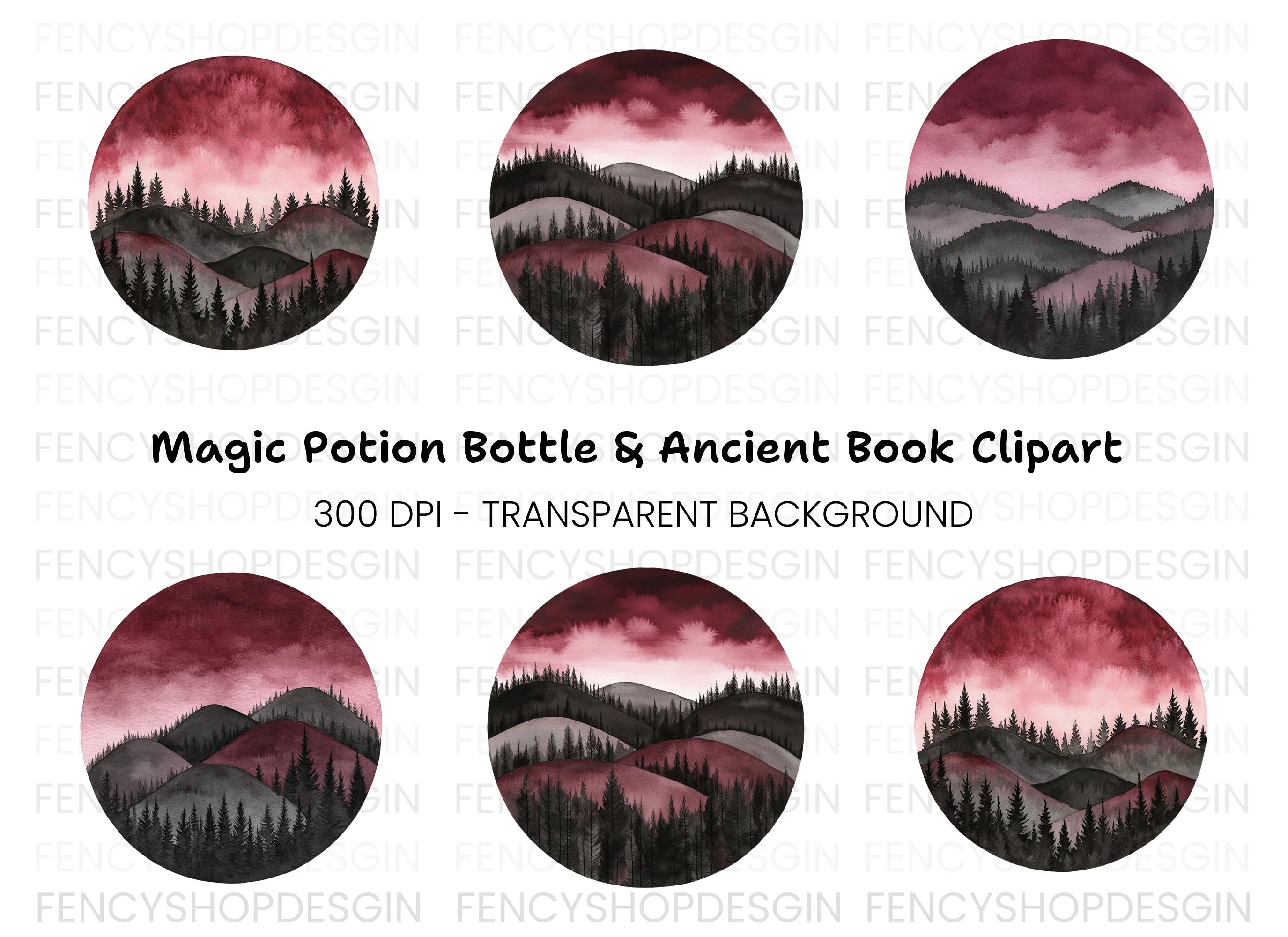 Dark Forest Mountain Landscape Clipart Bundle